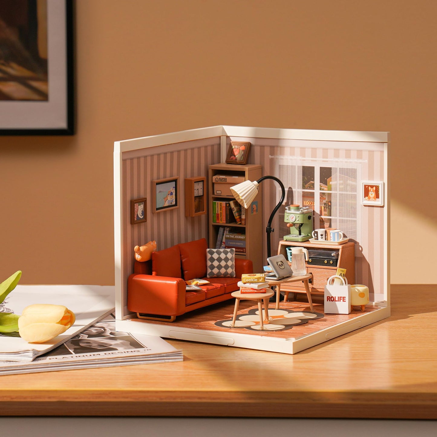 ROBOTIME DIY Miniature House Kit – Cozy Living Lounge with Accessories & LED Light