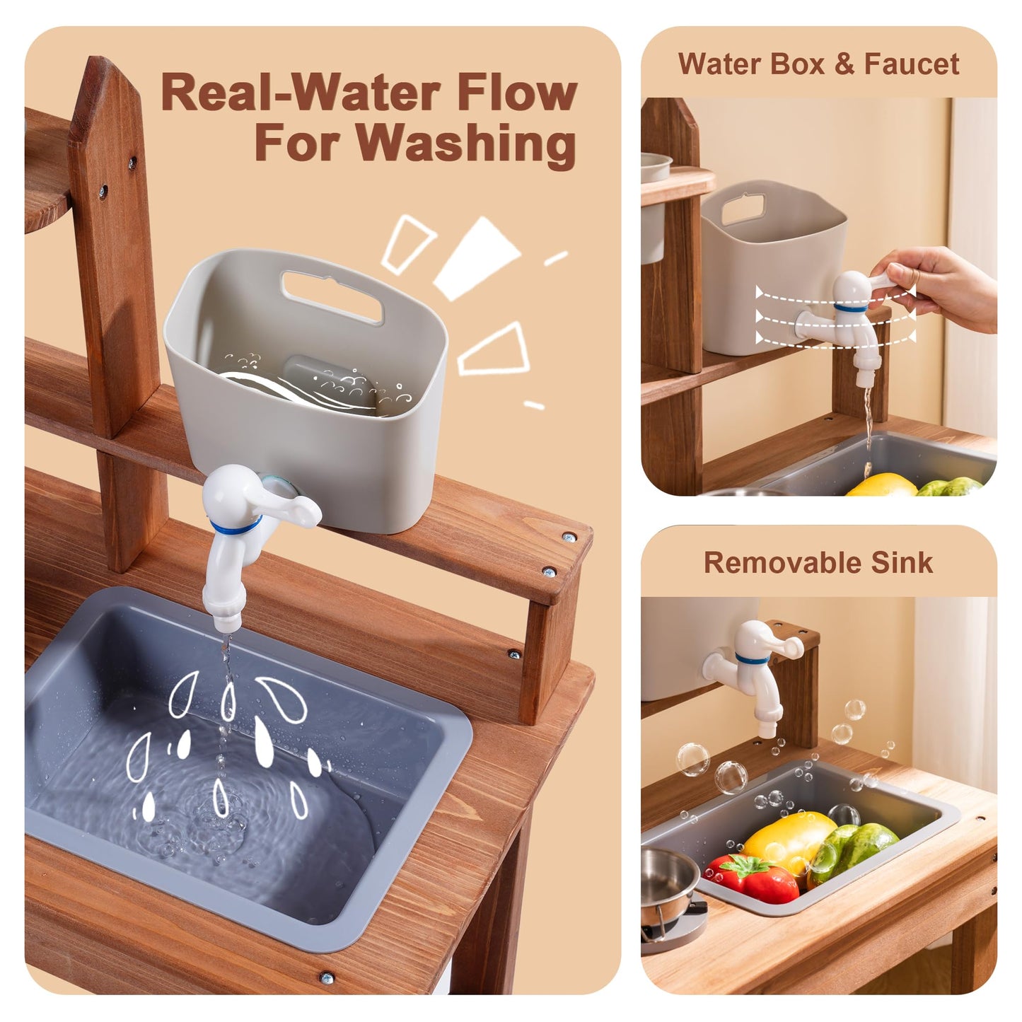 ROBOTIME Mud Kitchen for Kids — Wooden Outdoor Play Kitchen with Sink, Faucet, Stoves & Accessories