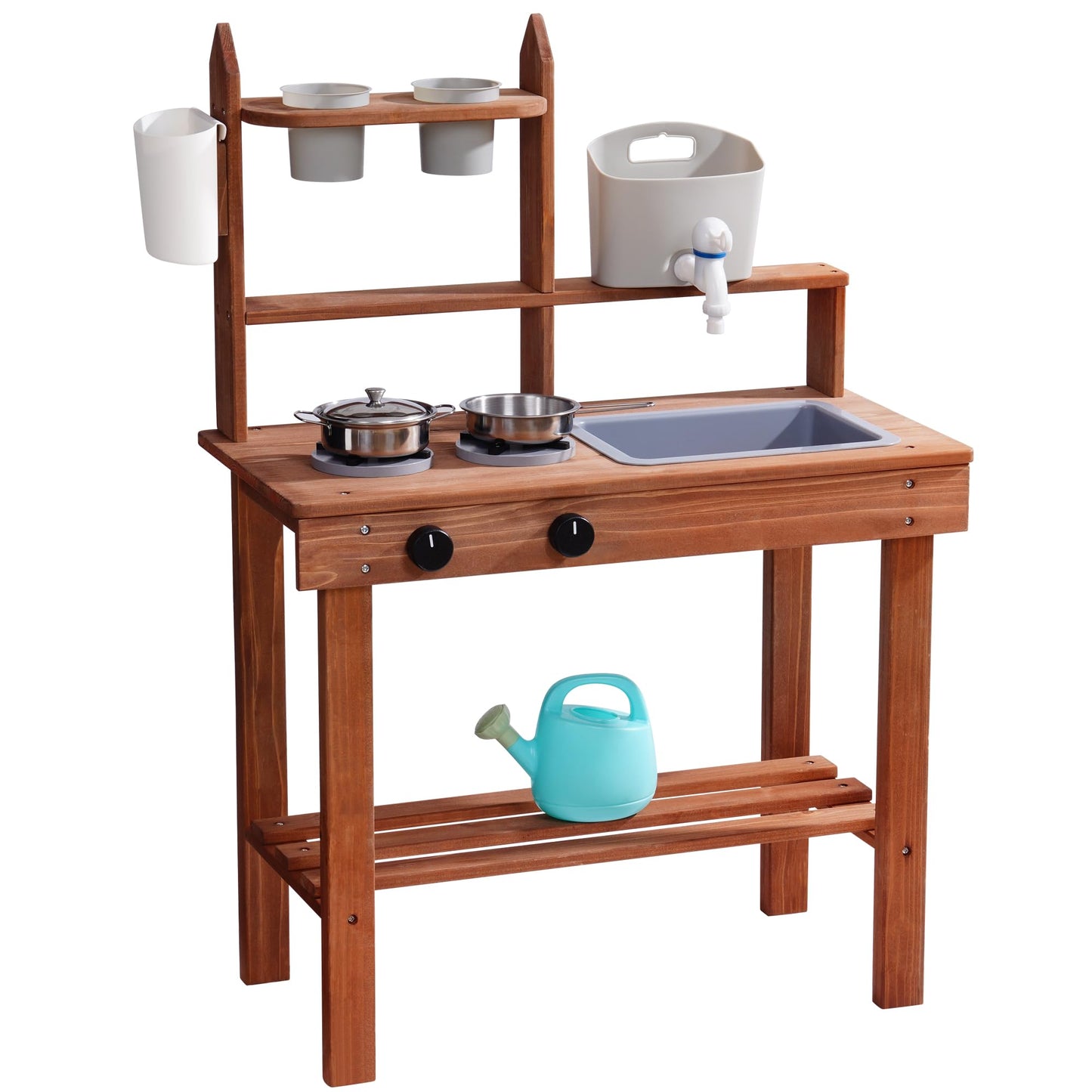 ROBOTIME Mud Kitchen for Kids — Wooden Outdoor Play Kitchen with Sink, Faucet, Stoves & Accessories