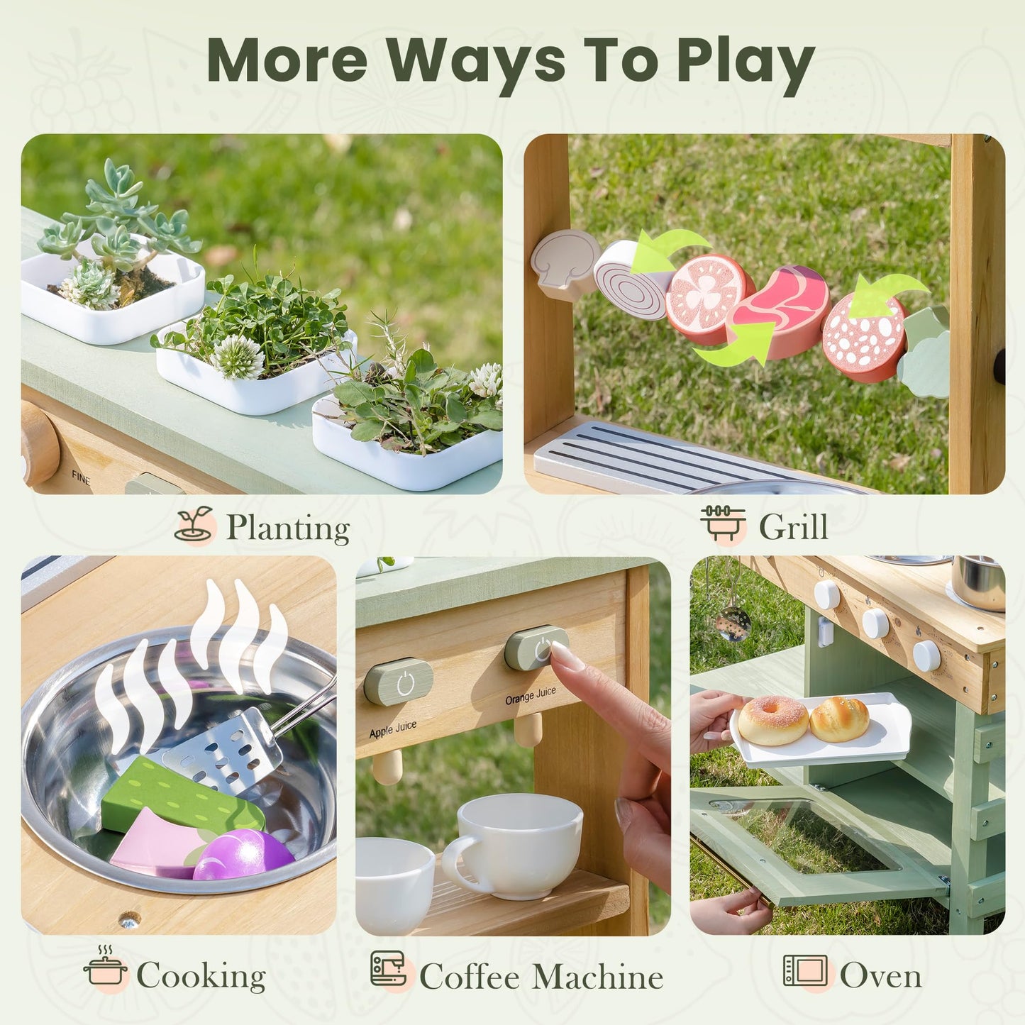 Robotime Mud Kitchen for Kids — Outdoor Wooden Playset with Sink, BBQ Grill, Coffee Maker, Oven & Planting Area