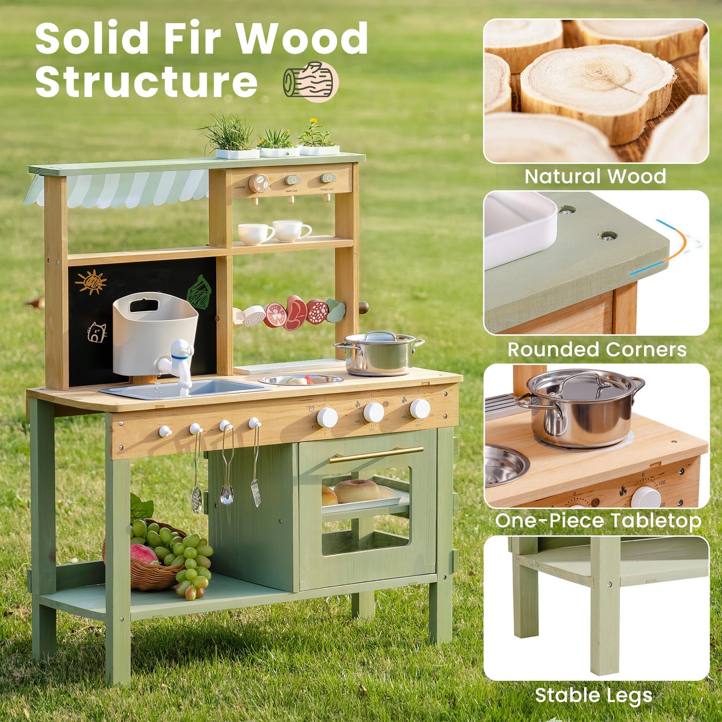 Robotime Mud Kitchen for Kids — Outdoor Wooden Playset with Sink, BBQ Grill, Coffee Maker, Oven & Planting Area