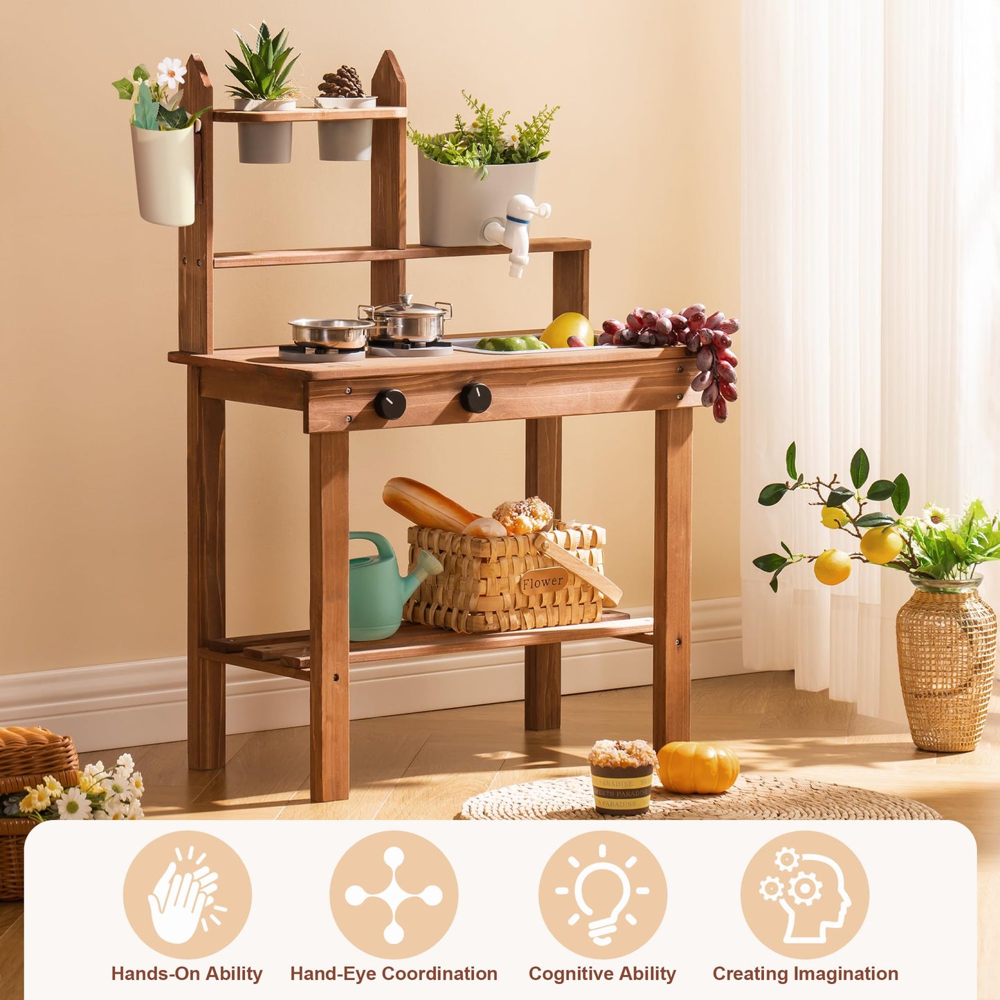 ROBOTIME Mud Kitchen for Kids — Wooden Outdoor Play Kitchen with Sink, Faucet, Stoves & Accessories