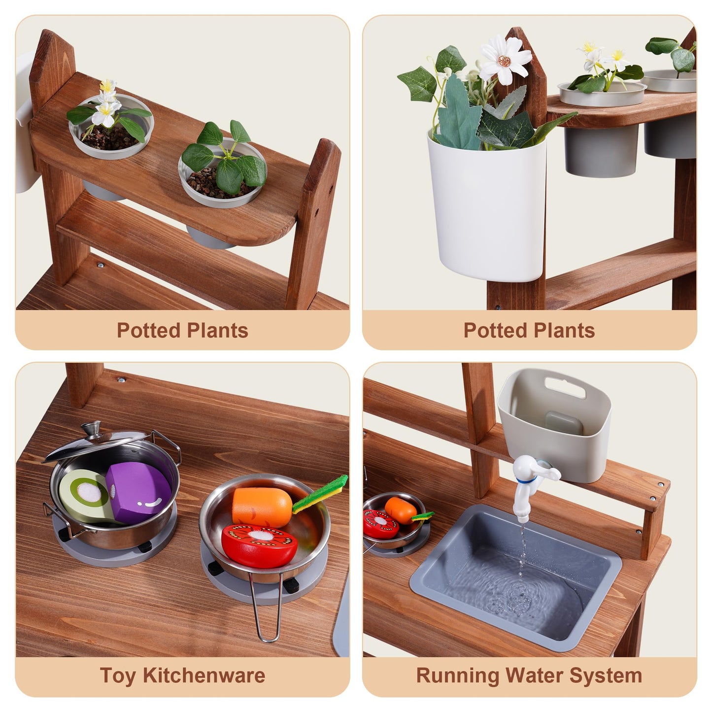 ROBOTIME Mud Kitchen for Kids — Wooden Outdoor Play Kitchen with Sink, Faucet, Stoves & Accessories