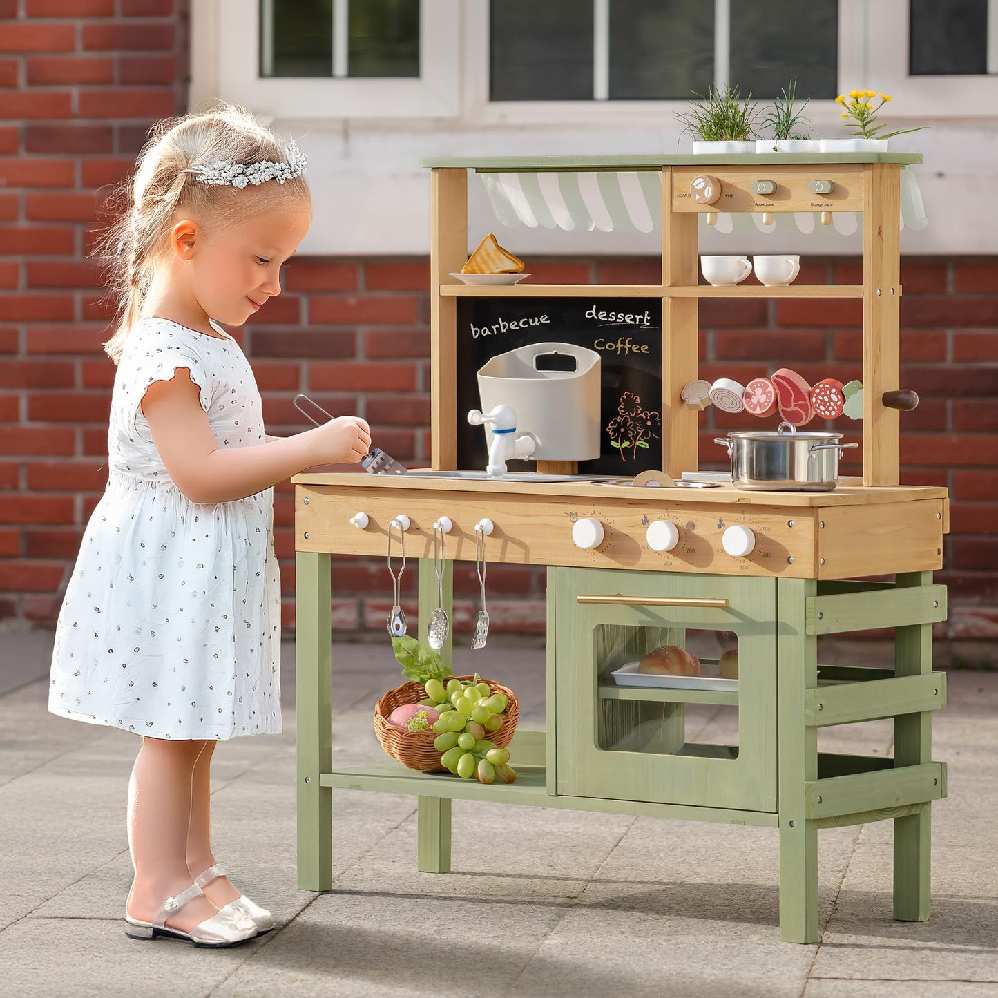 Robotime Mud Kitchen for Kids — Outdoor Wooden Playset with Sink, BBQ Grill, Coffee Maker, Oven & Planting Area