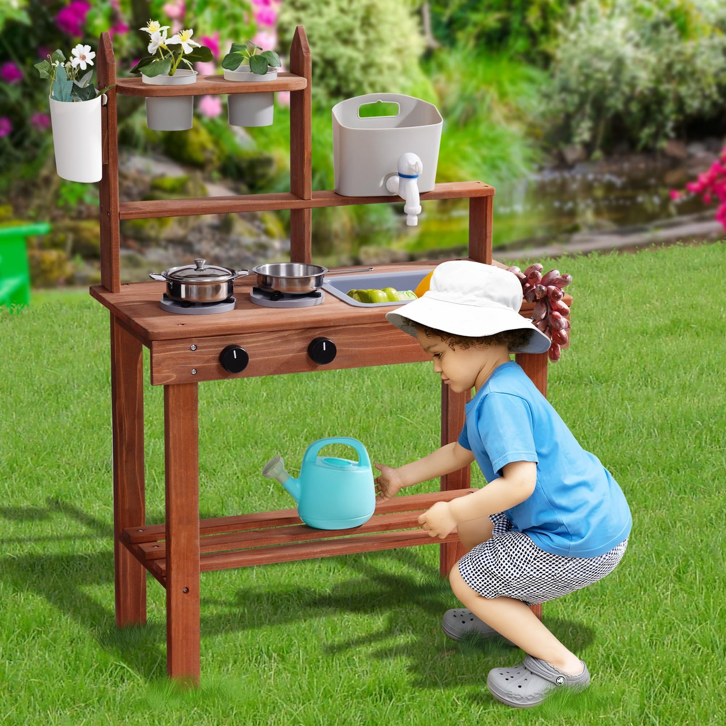 ROBOTIME Mud Kitchen for Kids — Wooden Outdoor Play Kitchen with Sink, Faucet, Stoves & Accessories