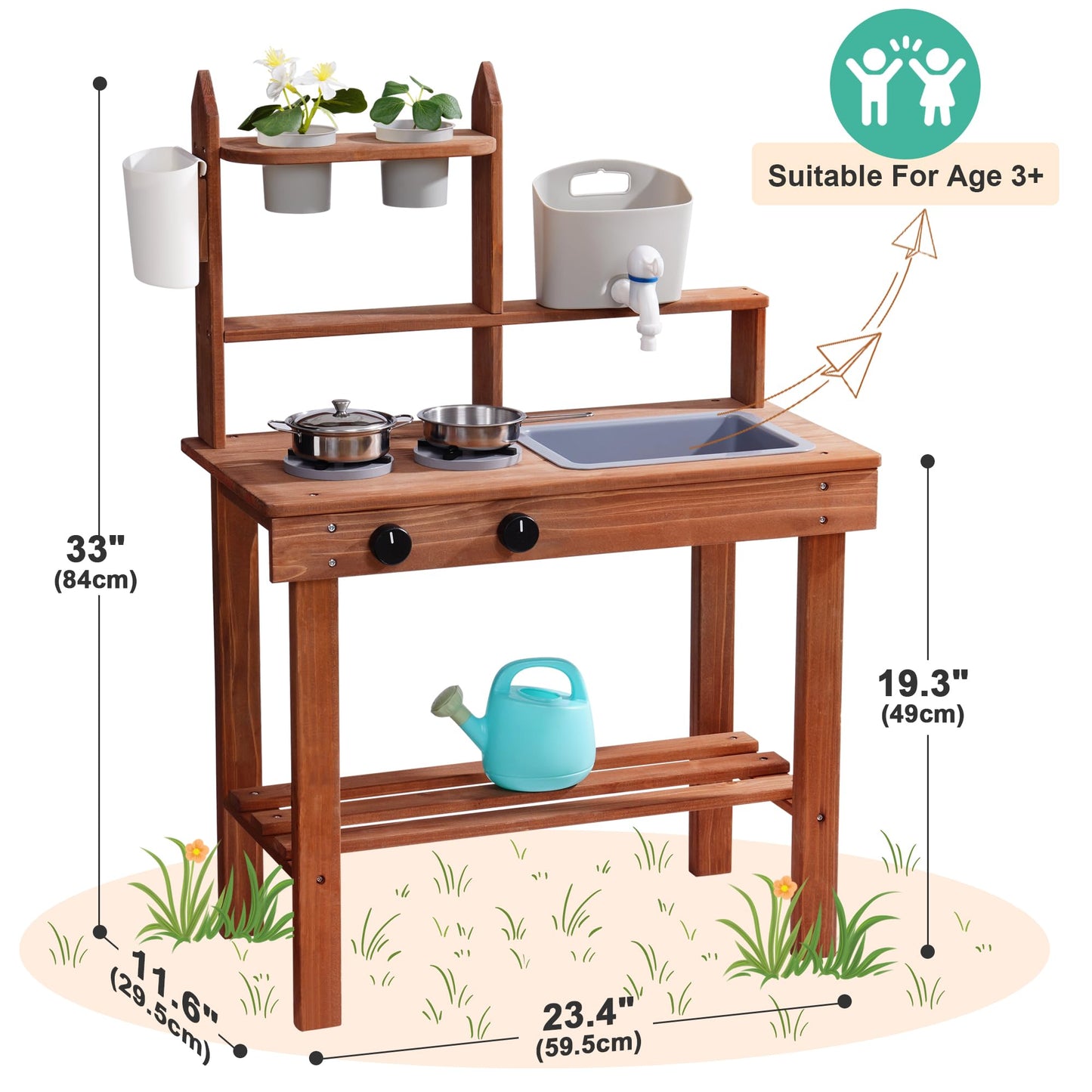 ROBOTIME Mud Kitchen for Kids — Wooden Outdoor Play Kitchen with Sink, Faucet, Stoves & Accessories