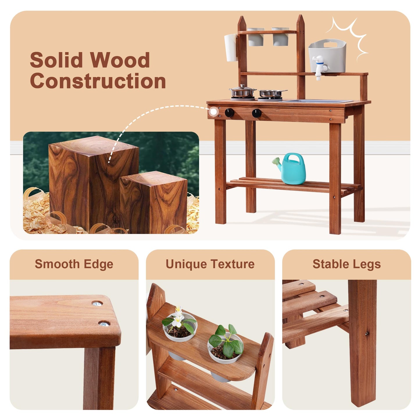 ROBOTIME Mud Kitchen for Kids — Wooden Outdoor Play Kitchen with Sink, Faucet, Stoves & Accessories