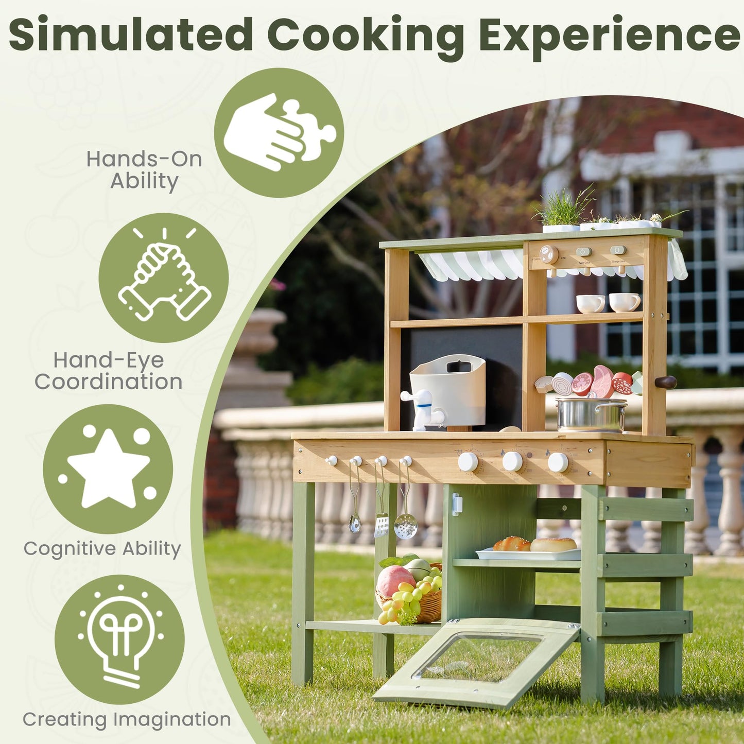 Robotime Mud Kitchen for Kids — Outdoor Wooden Playset with Sink, BBQ Grill, Coffee Maker, Oven & Planting Area