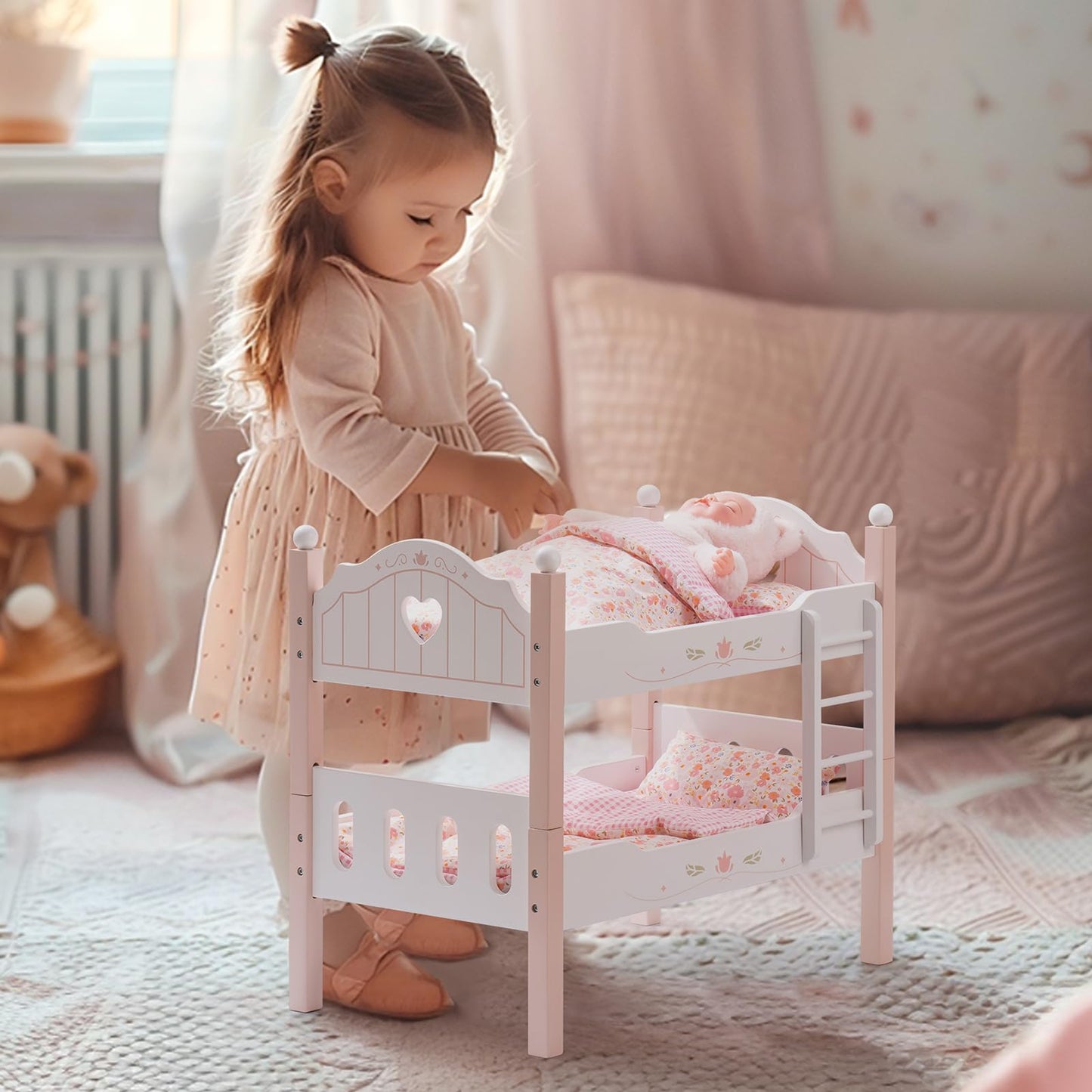 ROBOTIME Baby Doll Bunk Beds — 2-in-1 Pink Wooden Bed Set for 20-Inch Dolls (Ages 3+)
