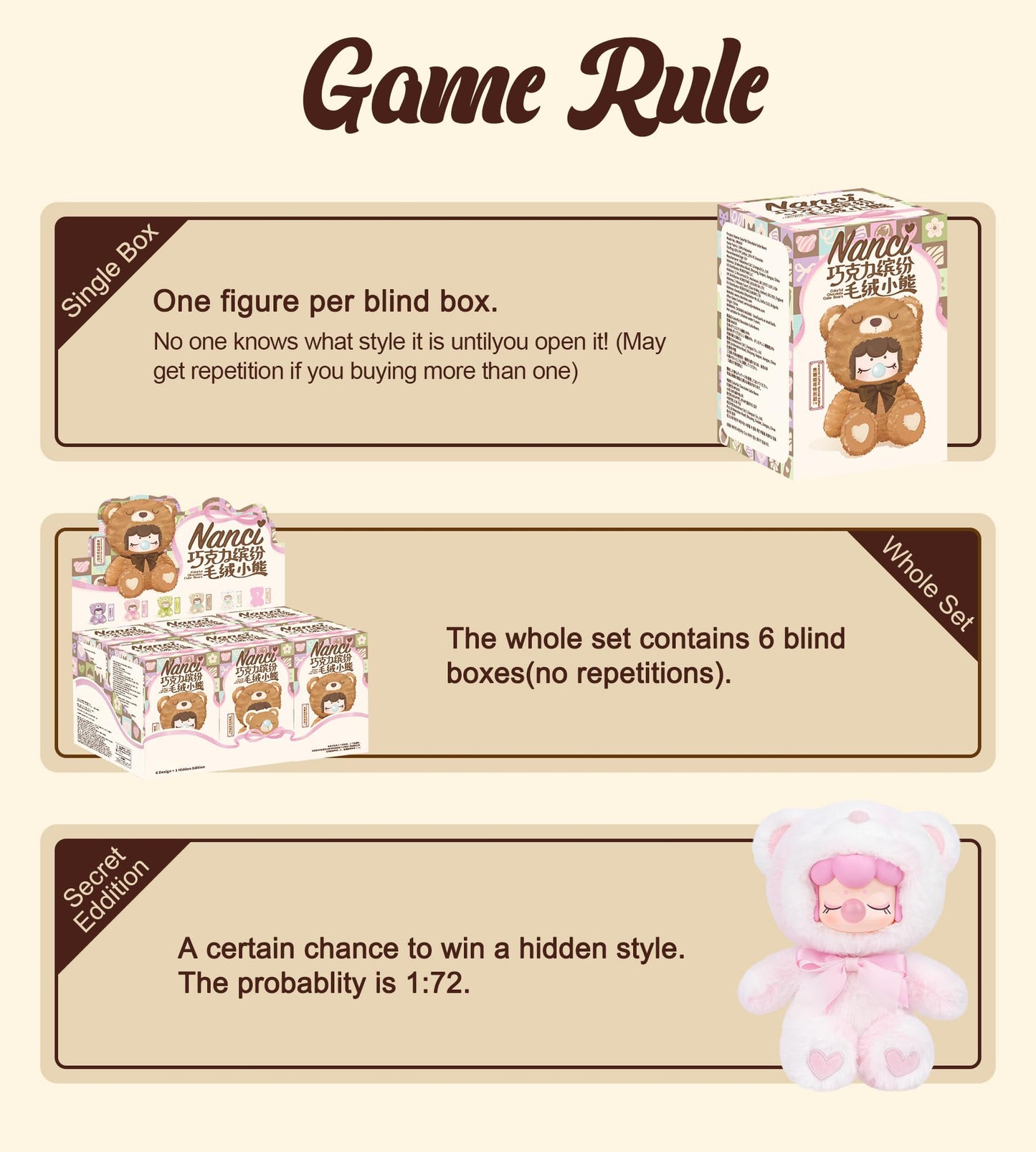 ROBOTIME Plush Doll Blind Box – 7-Inch Chocolate Colorful Bear | Mystery Box Collectible Toy