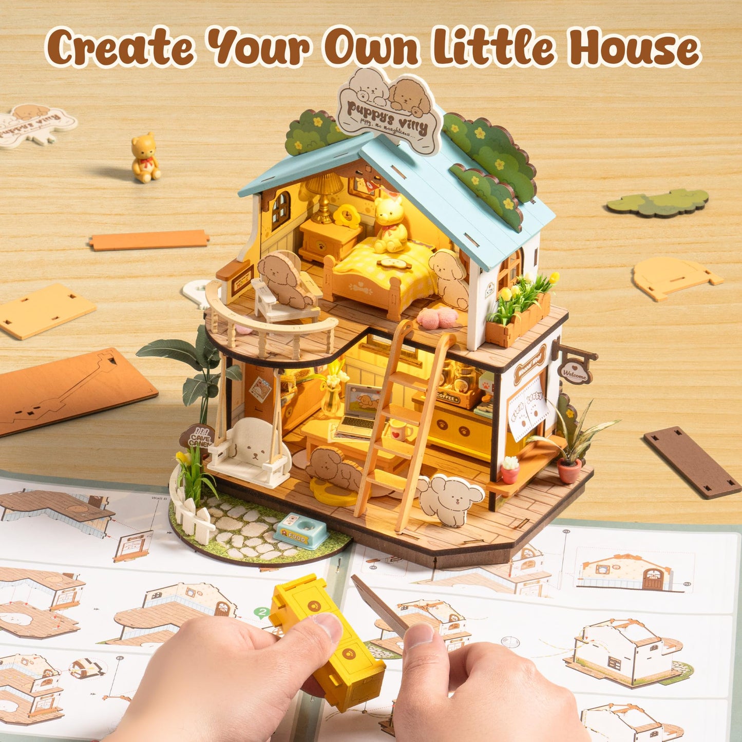 ROBOTIME Puppy's Cozy Villa DIY Miniature House Kit – Tiny Wooden Dollhouse Diorama