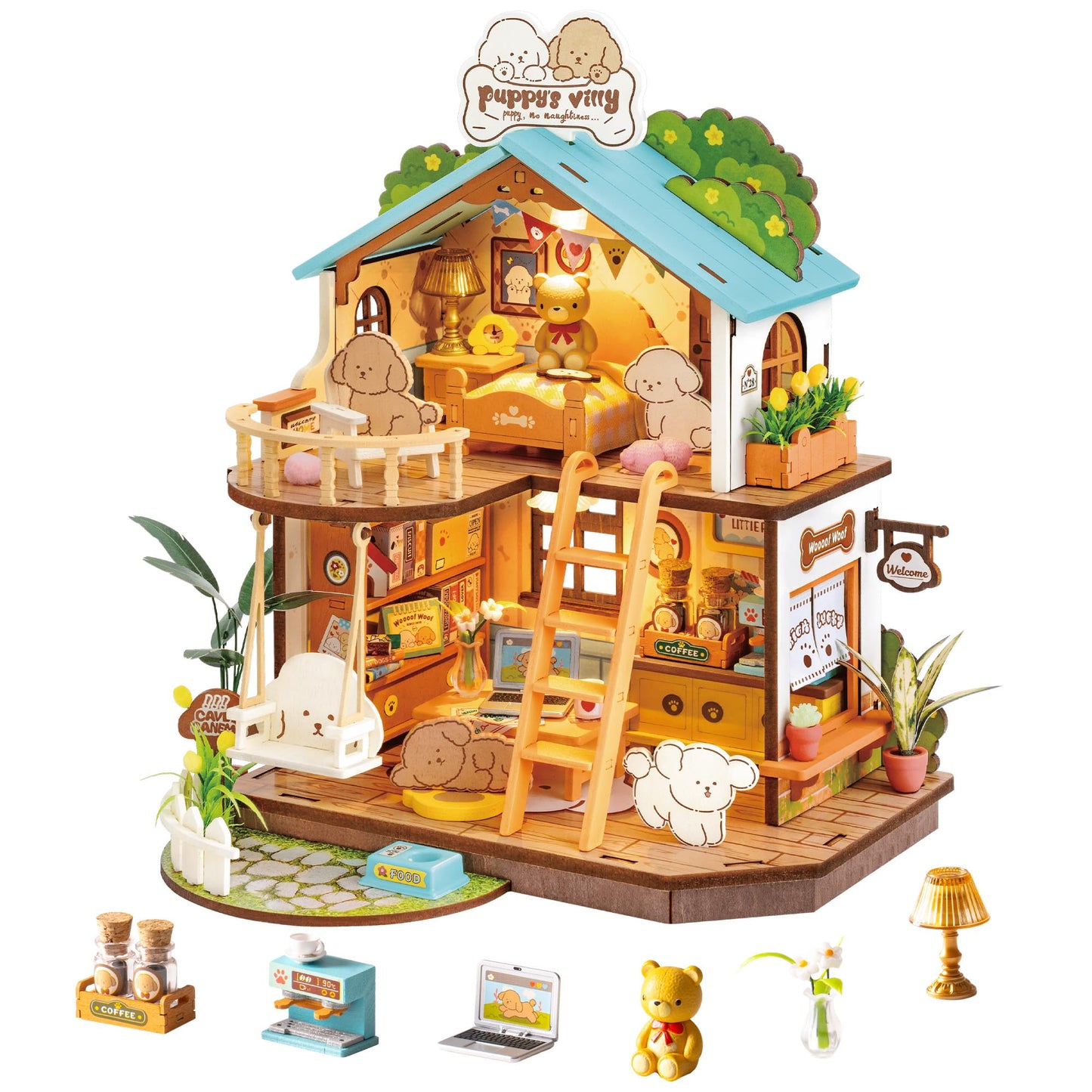 ROBOTIME Puppy's Cozy Villa DIY Miniature House Kit – Tiny Wooden Dollhouse Diorama