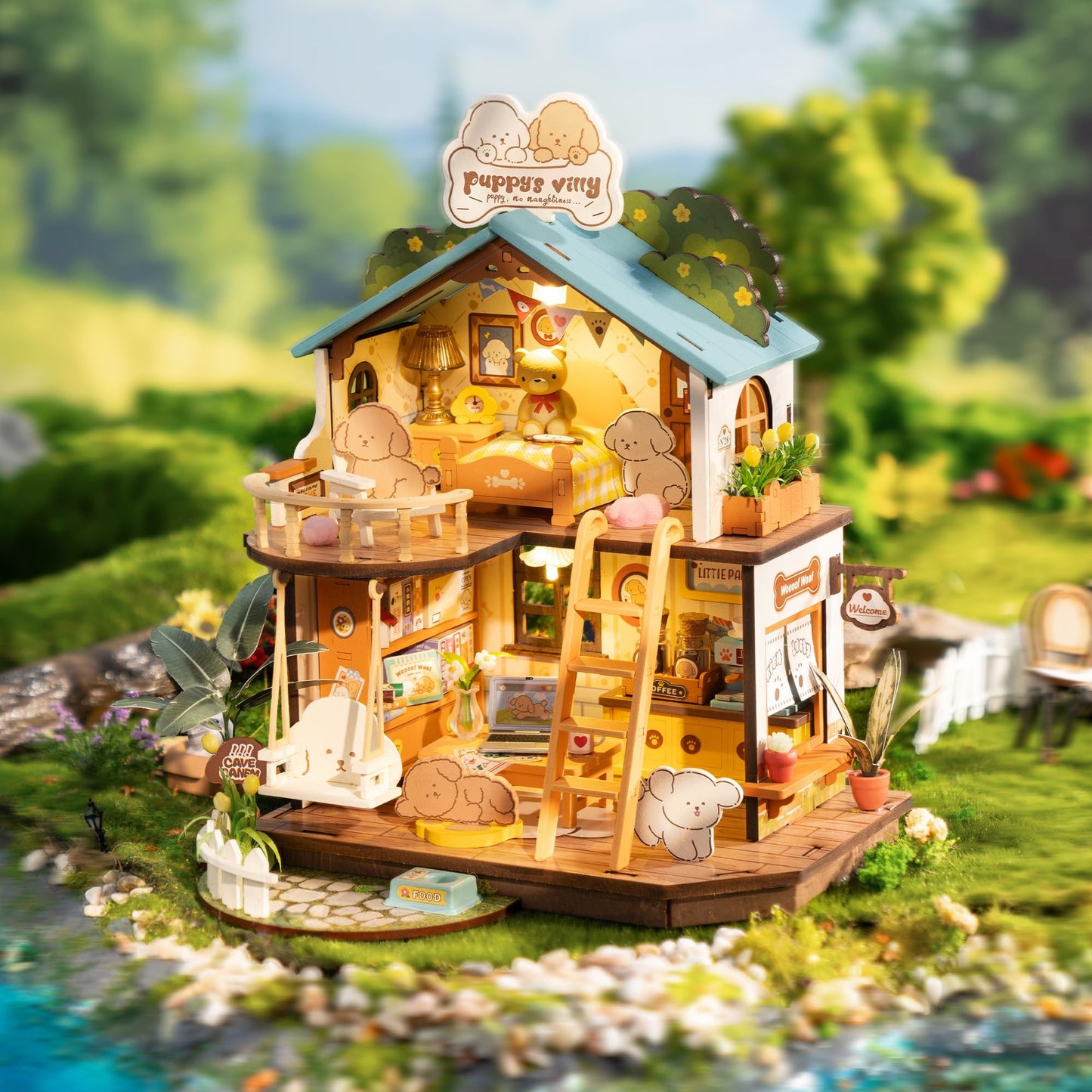 ROBOTIME Puppy's Cozy Villa DIY Miniature House Kit – Tiny Wooden Dollhouse Diorama