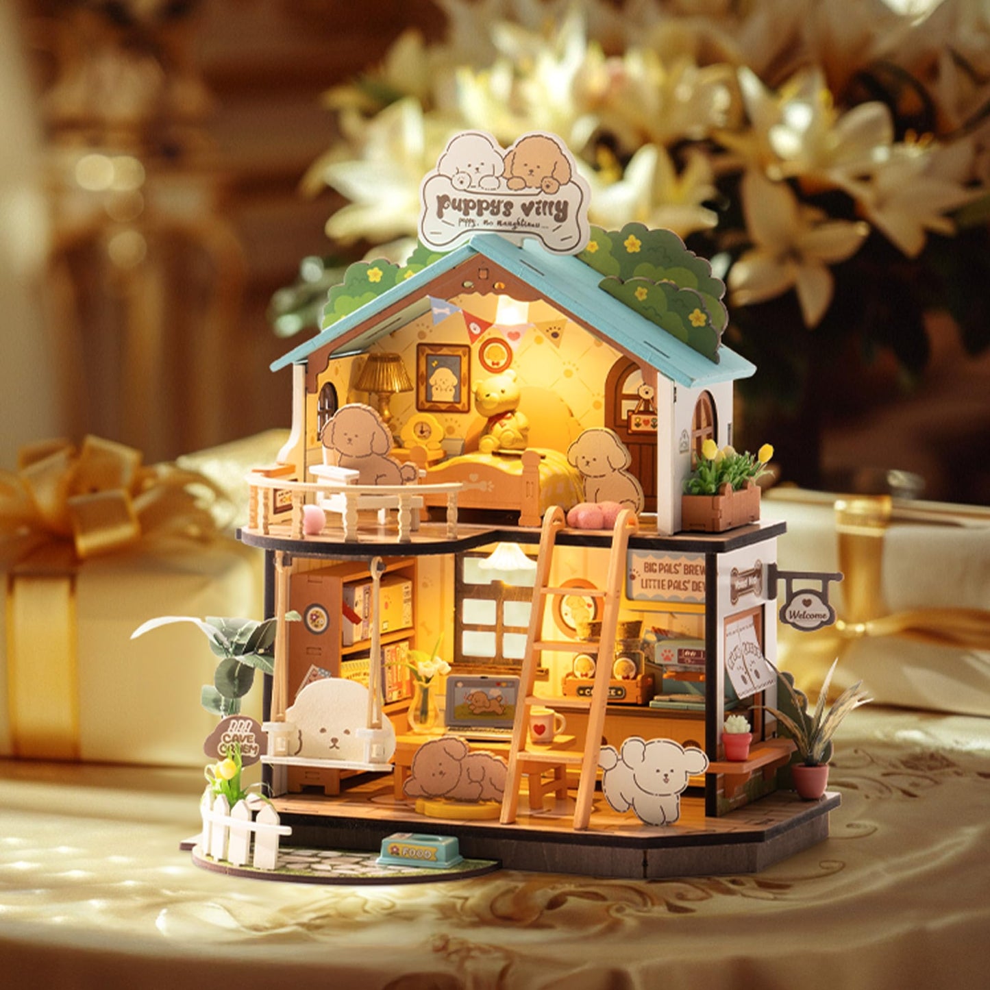 ROBOTIME Puppy's Cozy Villa DIY Miniature House Kit – Tiny Wooden Dollhouse Diorama