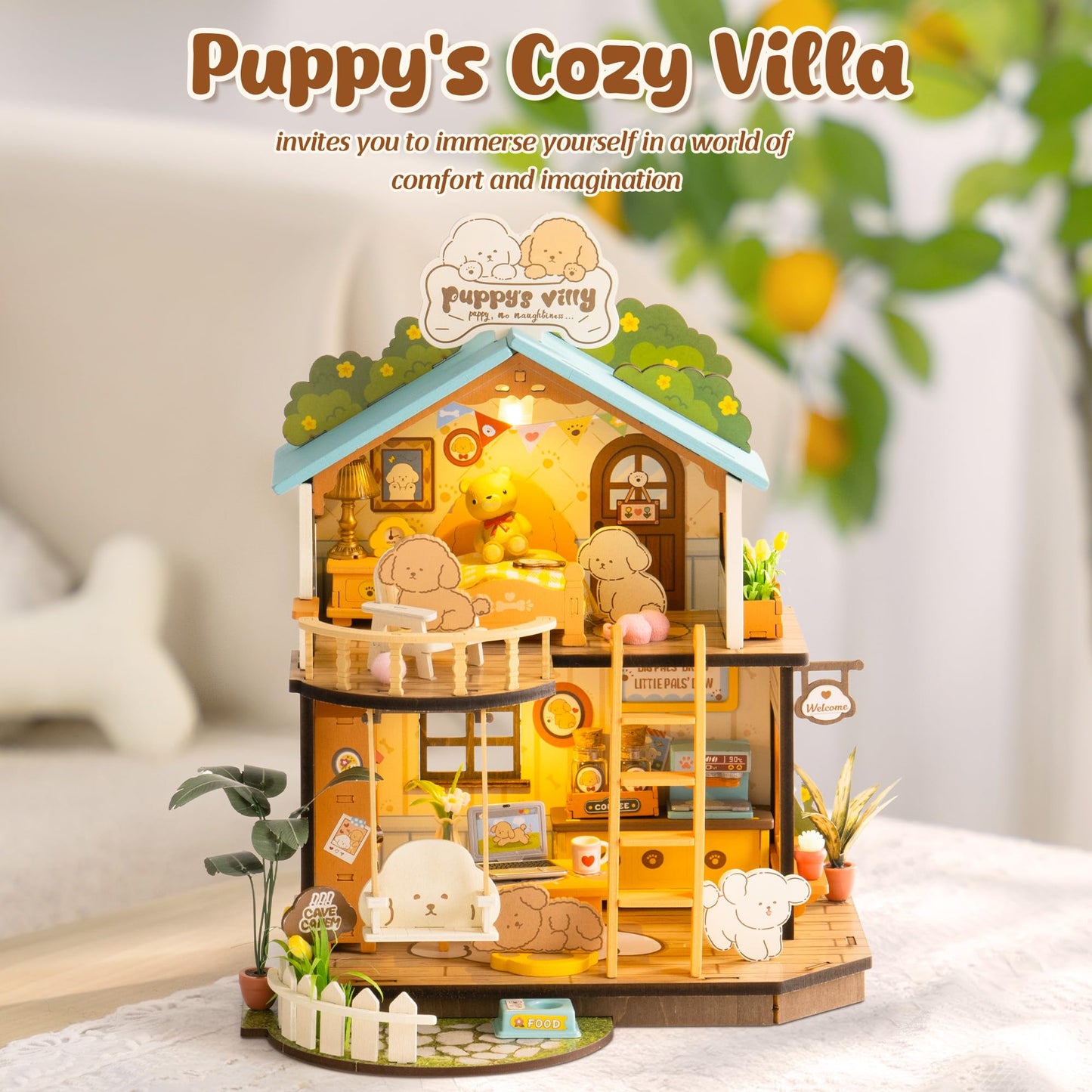 ROBOTIME Puppy's Cozy Villa DIY Miniature House Kit – Tiny Wooden Dollhouse Diorama