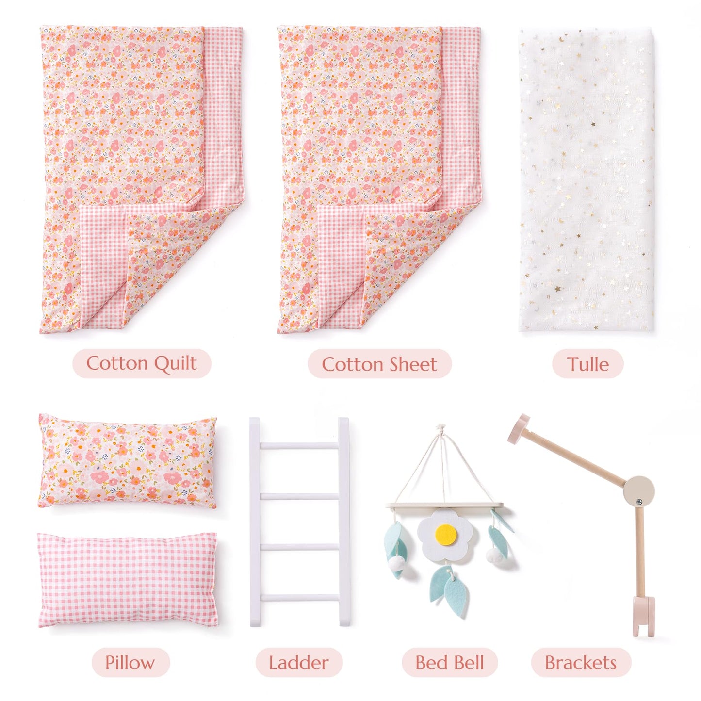 ROBOTIME Baby Doll Bunk Beds — 2-in-1 Pink Wooden Bed Set for 20-Inch Dolls (Ages 3+)