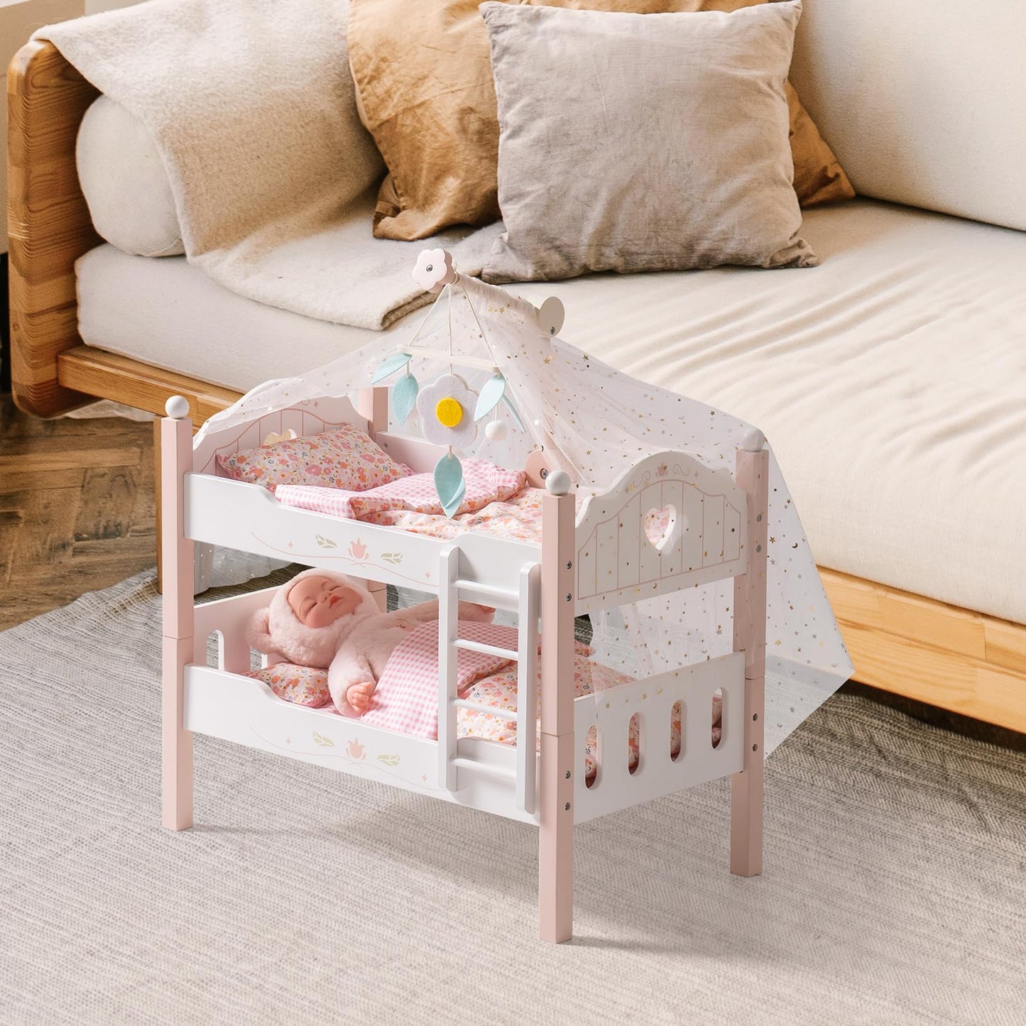 ROBOTIME Baby Doll Bunk Beds — 2-in-1 Pink Wooden Bed Set for 20-Inch Dolls (Ages 3+)