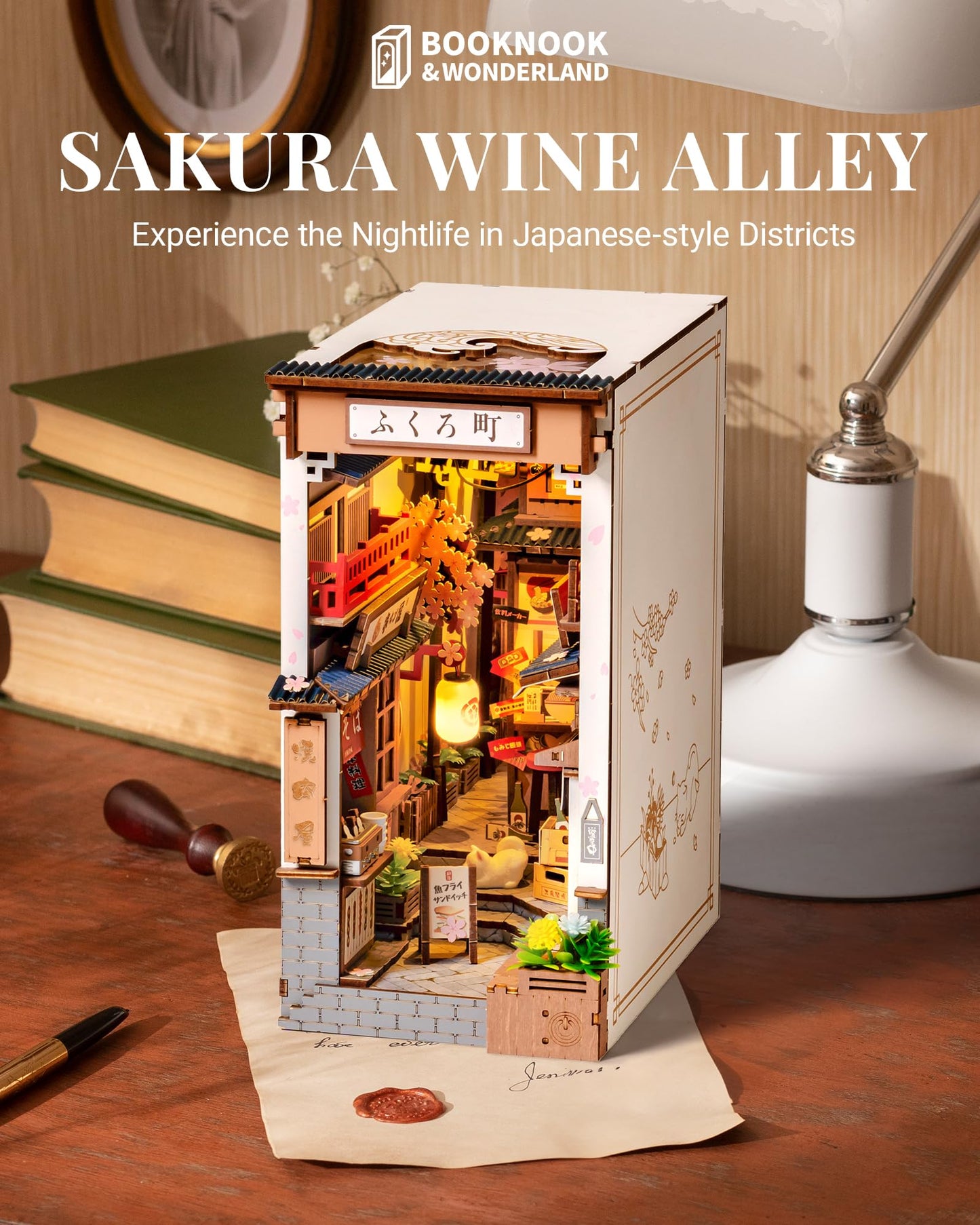 ROBOTIME Sakura Wine Alley Book Nook Kit – DIY 3D Wooden Puzzle for Teens