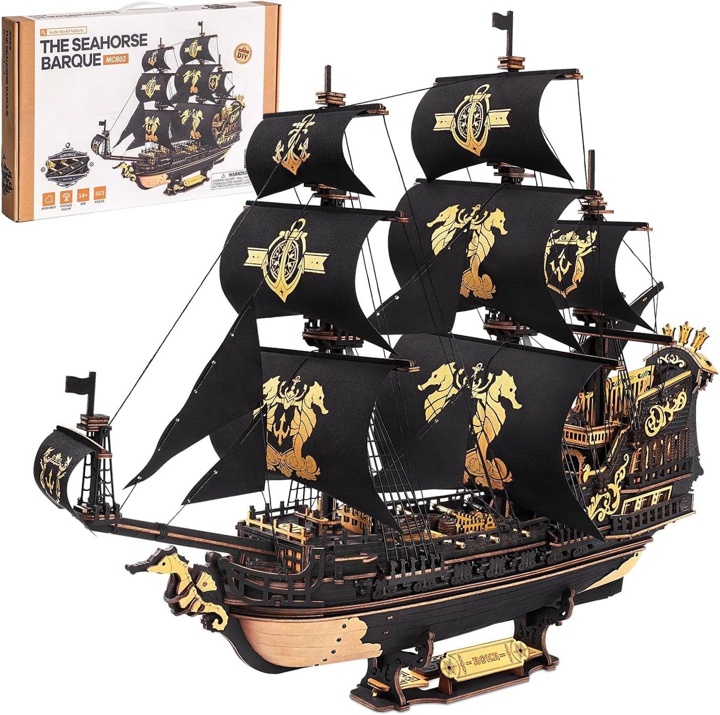 Robotime Seahorse 3D Wooden Puzzle Kit for Adults — 603 Pcs Black Sailboat Model