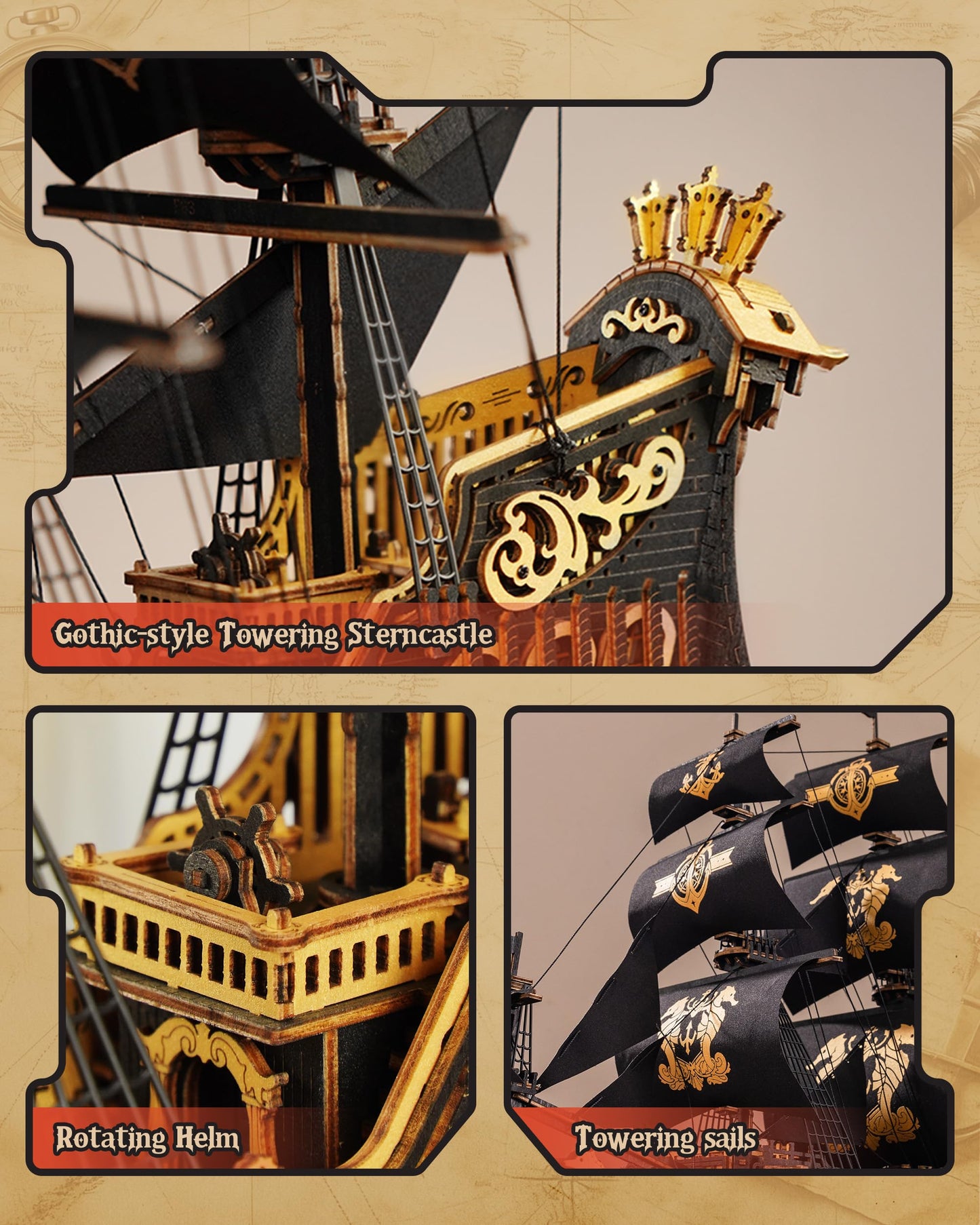 Robotime Seahorse 3D Wooden Puzzle Kit for Adults — 603 Pcs Black Sailboat Model