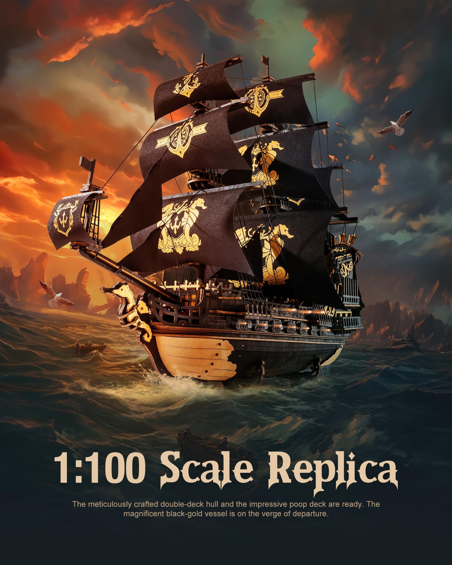 Robotime Seahorse 3D Wooden Puzzle Kit for Adults — 603 Pcs Black Sailboat Model