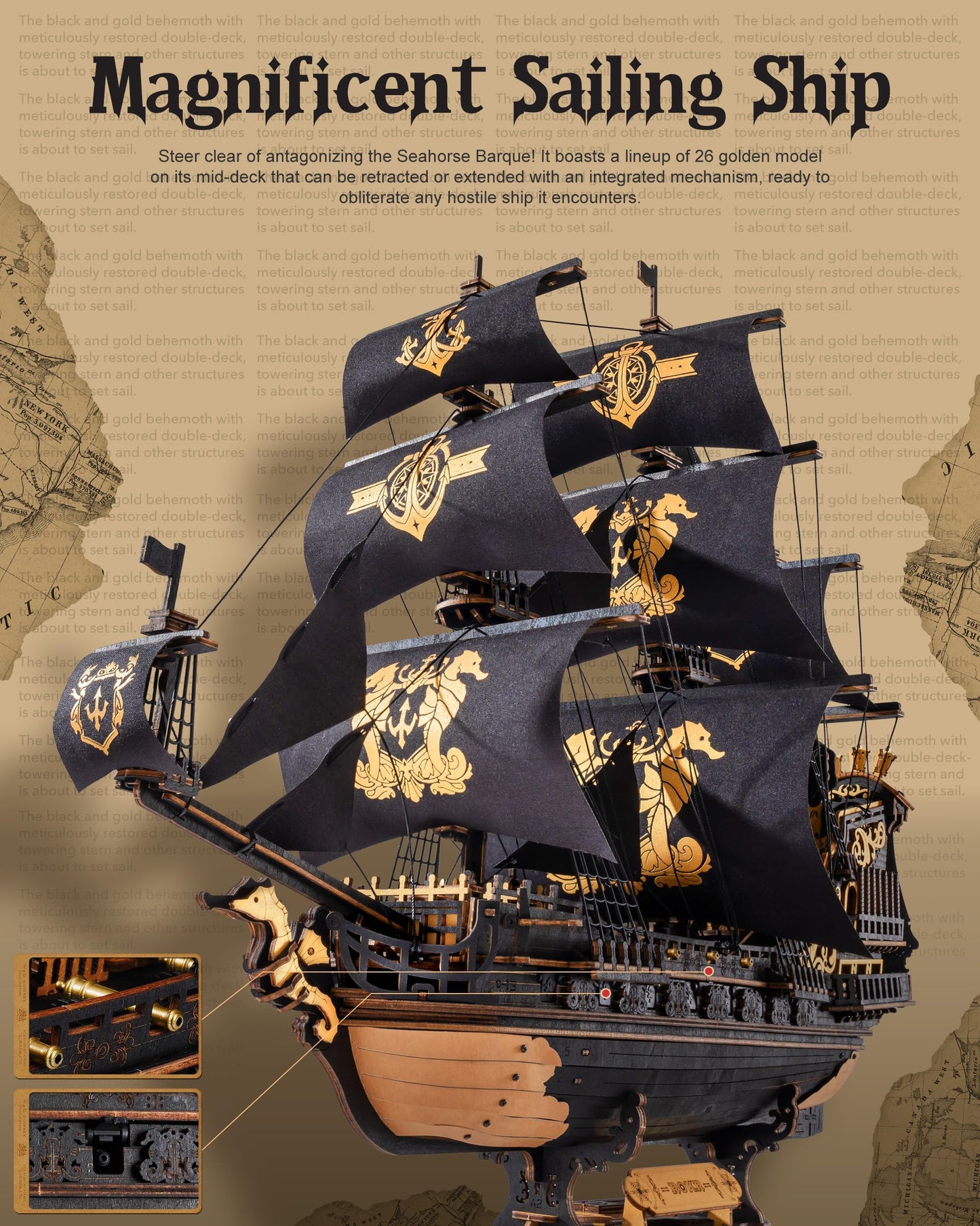 Robotime Seahorse 3D Wooden Puzzle Kit for Adults — 603 Pcs Black Sailboat Model
