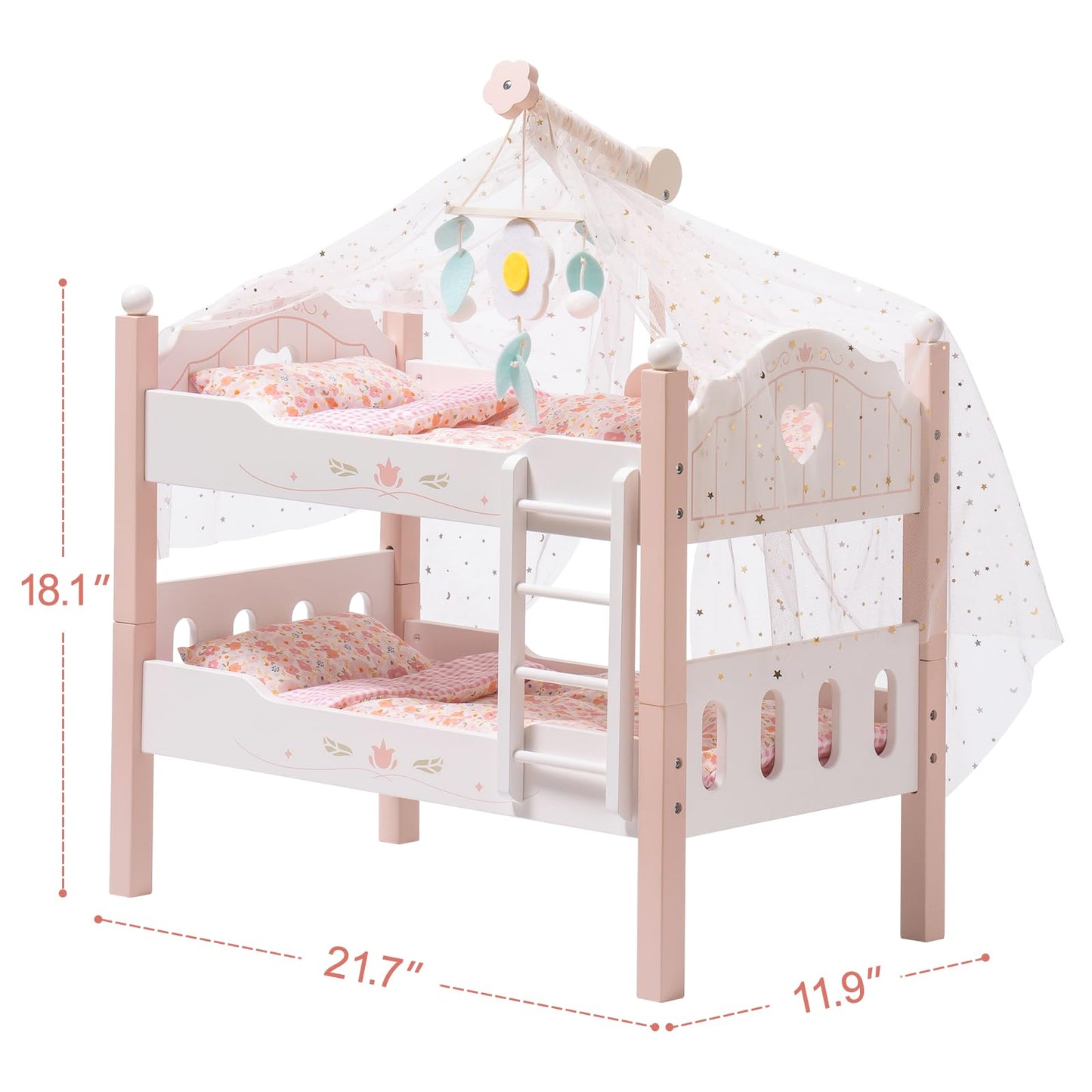 ROBOTIME Baby Doll Bunk Beds — 2-in-1 Pink Wooden Bed Set for 20-Inch Dolls (Ages 3+)