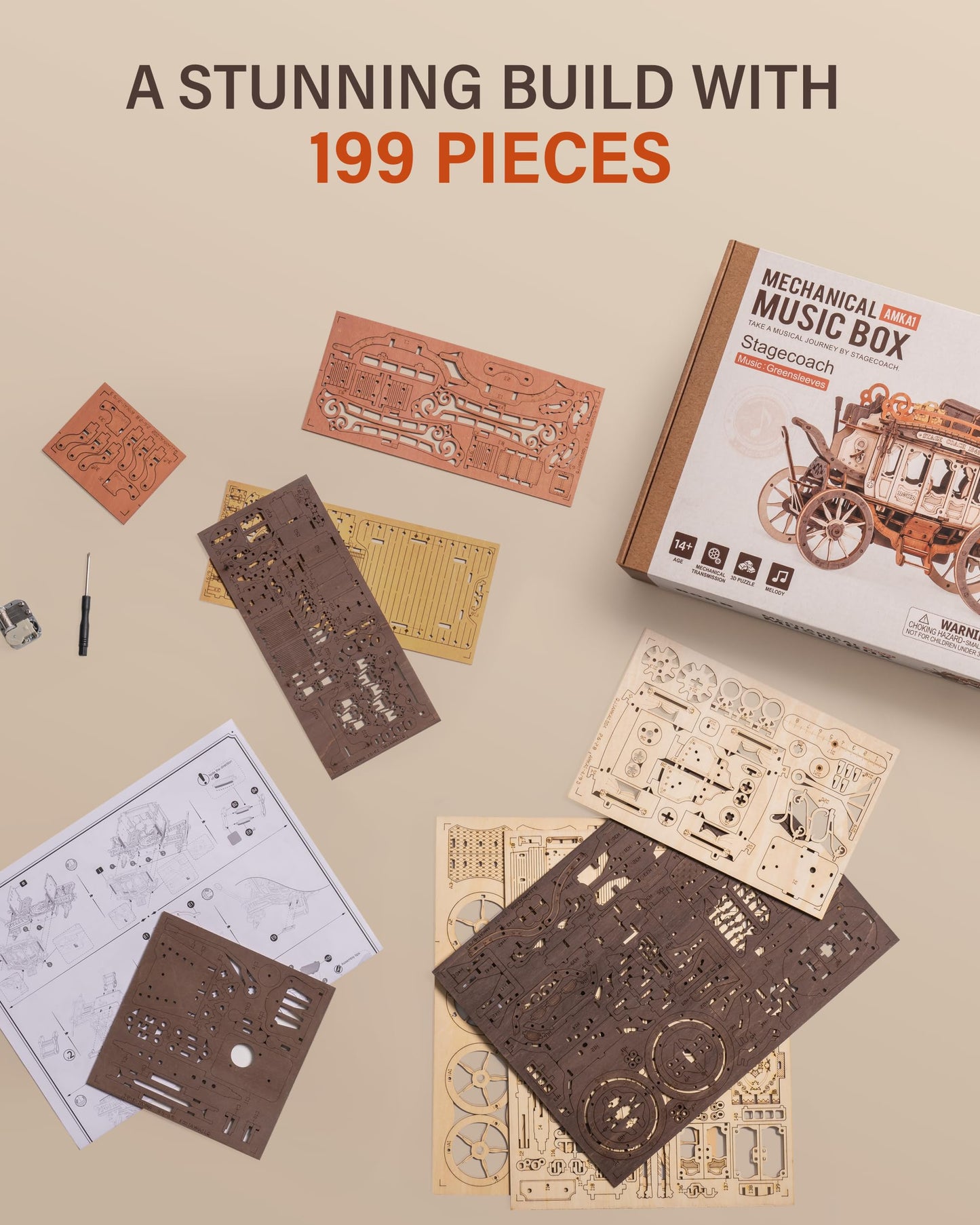 ROBOTIME Stagecoach Mechanical Wooden Puzzle & Music Box AMKA1 | 3D Puzzle Kit for Adults