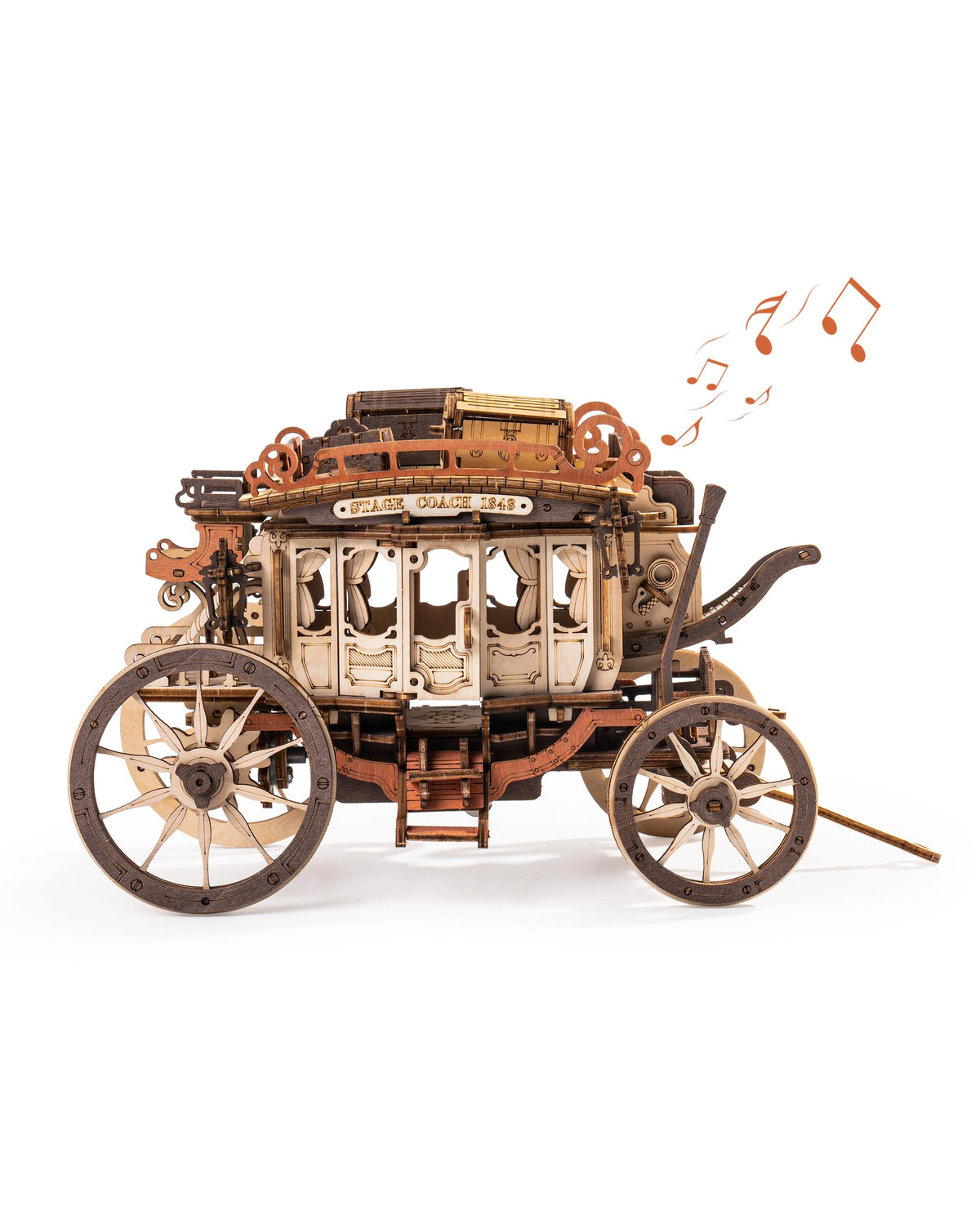 ROBOTIME Stagecoach Mechanical Wooden Puzzle & Music Box AMKA1 | 3D Puzzle Kit for Adults