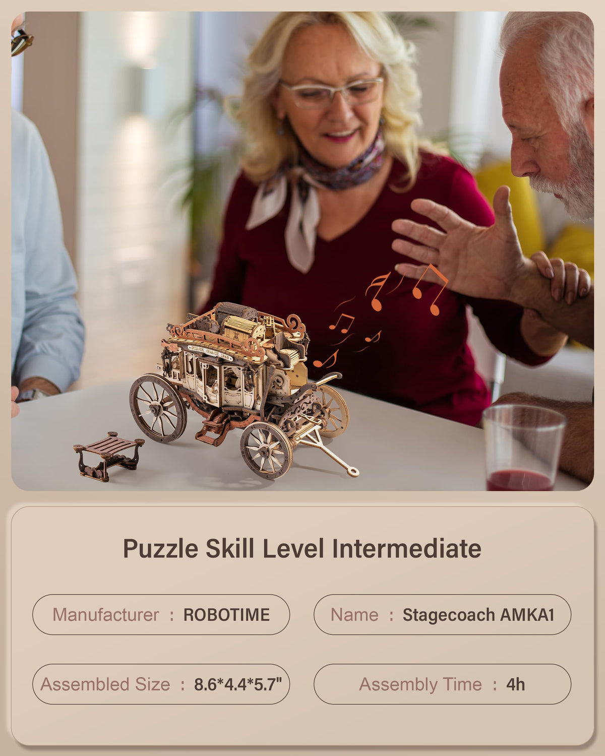 ROBOTIME Stagecoach Mechanical Wooden Puzzle & Music Box AMKA1 | 3D Puzzle Kit for Adults