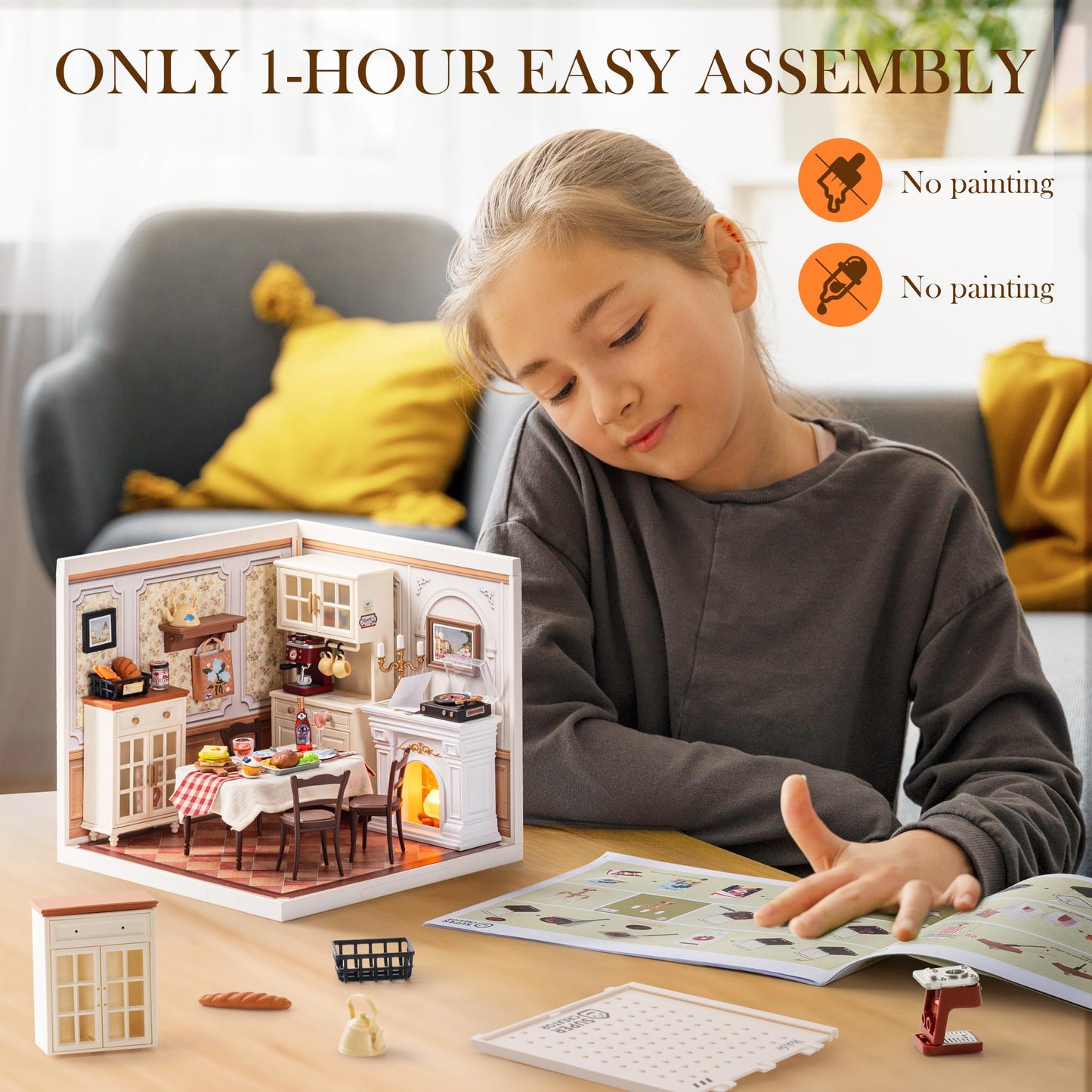 ROBOTIME Super Creator Dining Room Kit – DIY Miniature House with LED Lights