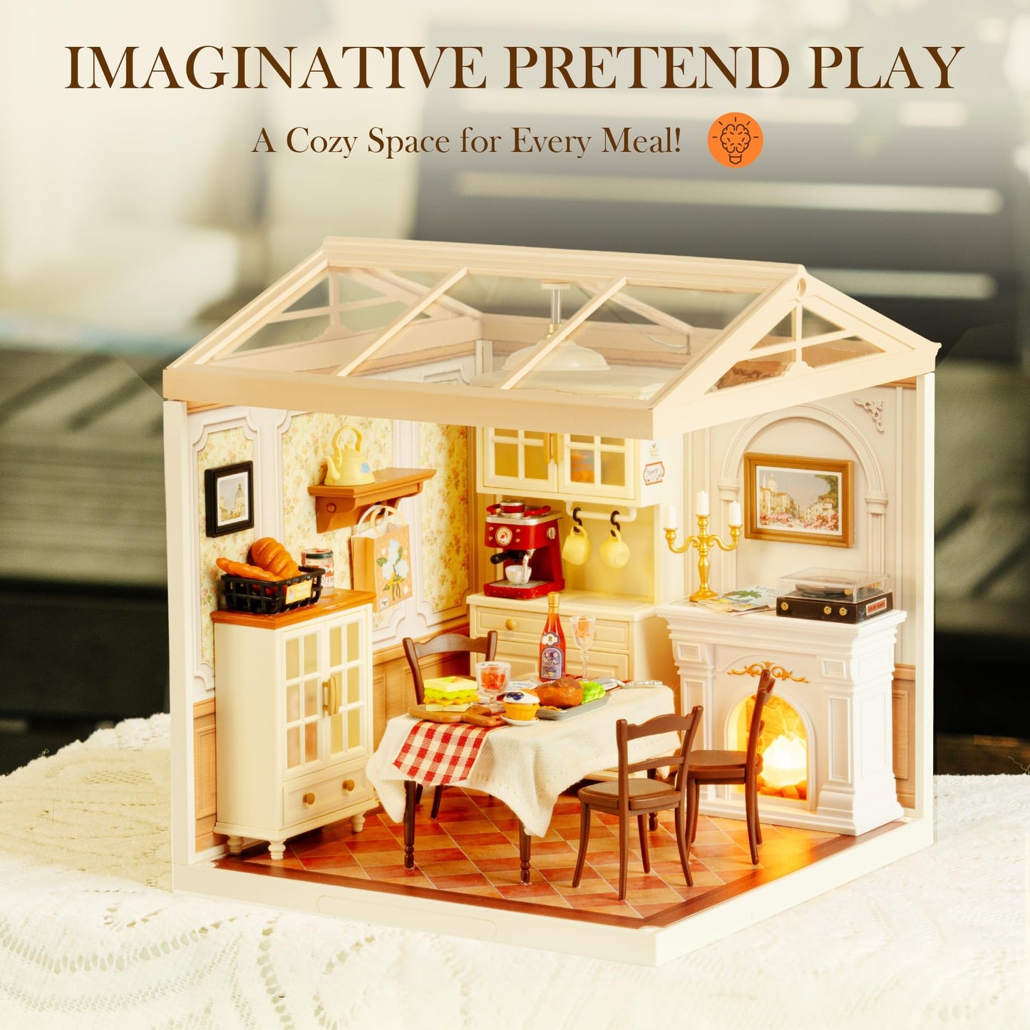 ROBOTIME Super Creator Dining Room Kit – DIY Miniature House with LED Lights