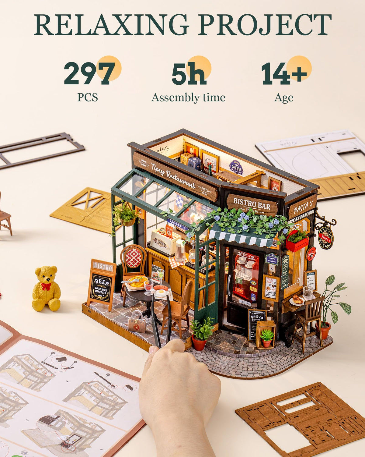 ROBOTIME DIY Tiny House Kit – Tipsy Restaurant Miniature for Adults | Build, Display, Gift