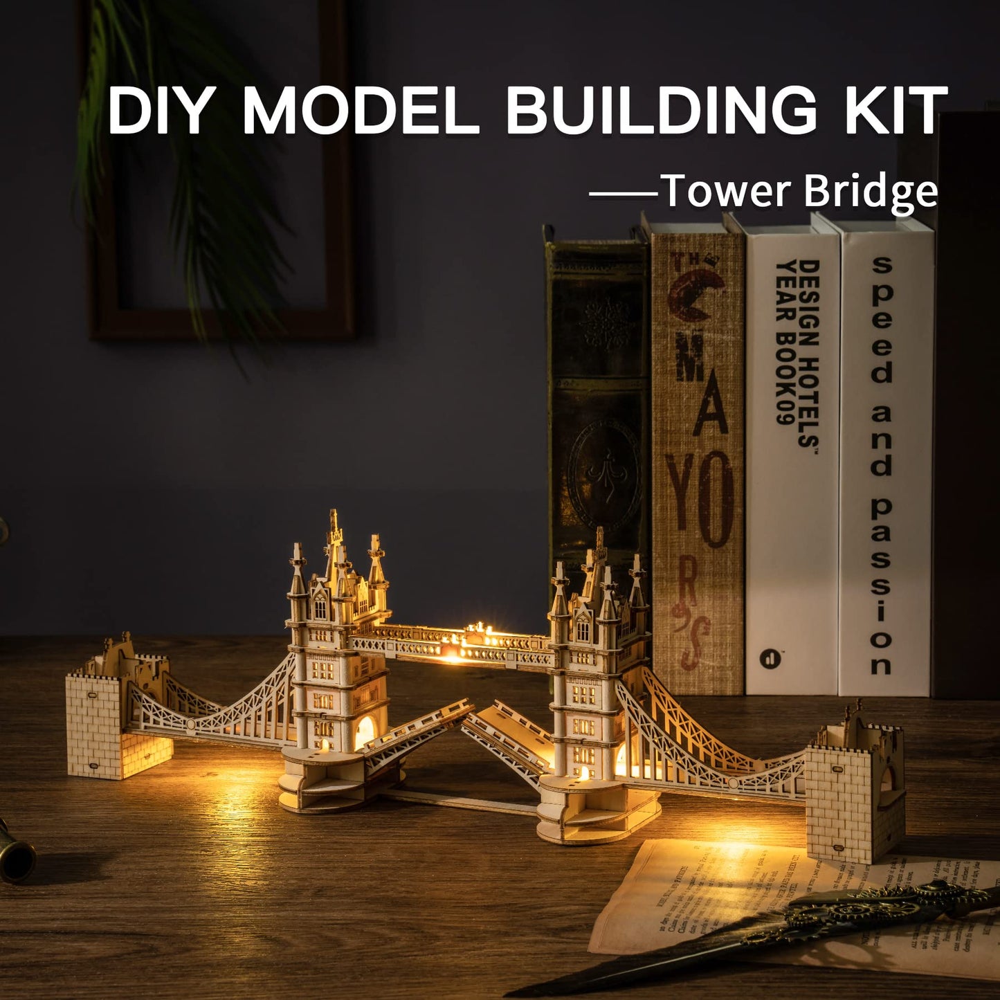ROBOTIME Tower Bridge 3D Puzzle with LED Light – DIY Wooden Model for Teens