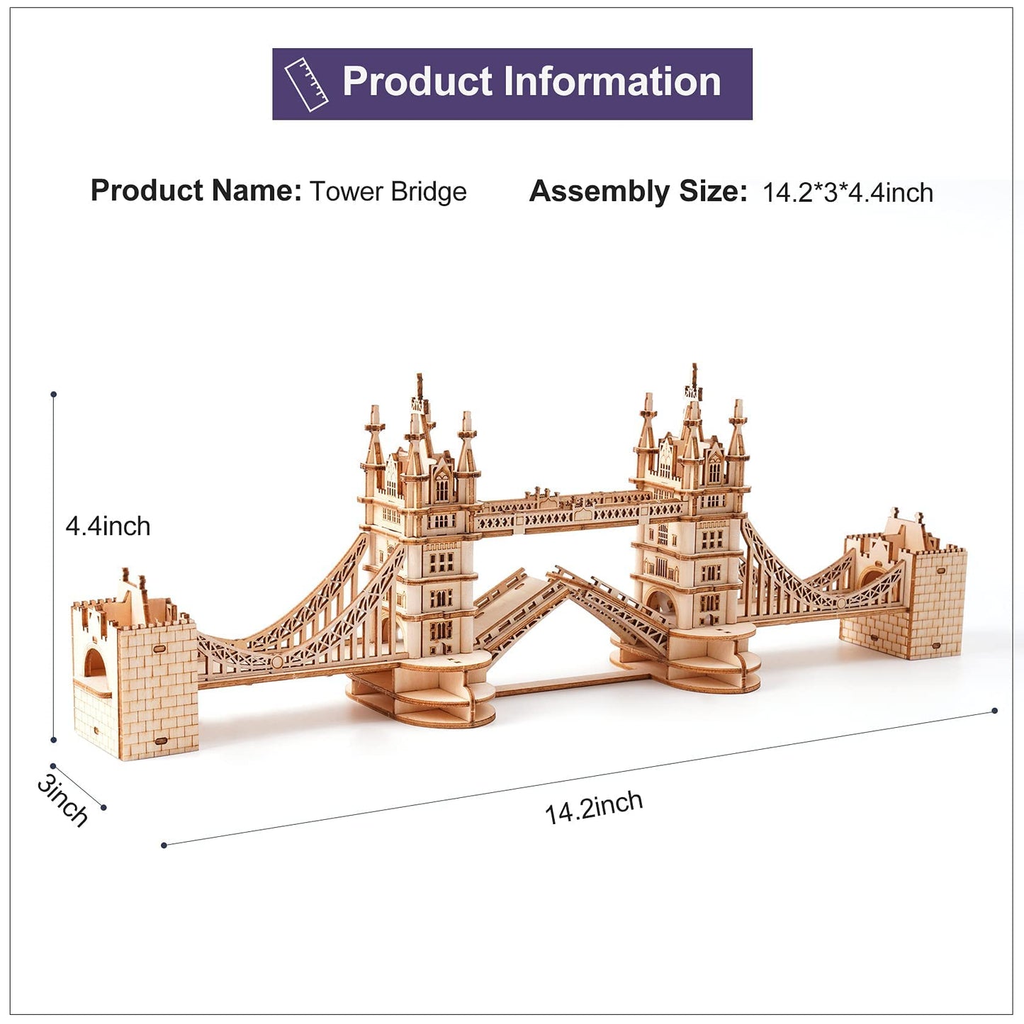 ROBOTIME Tower Bridge 3D Puzzle with LED Light – DIY Wooden Model for Teens