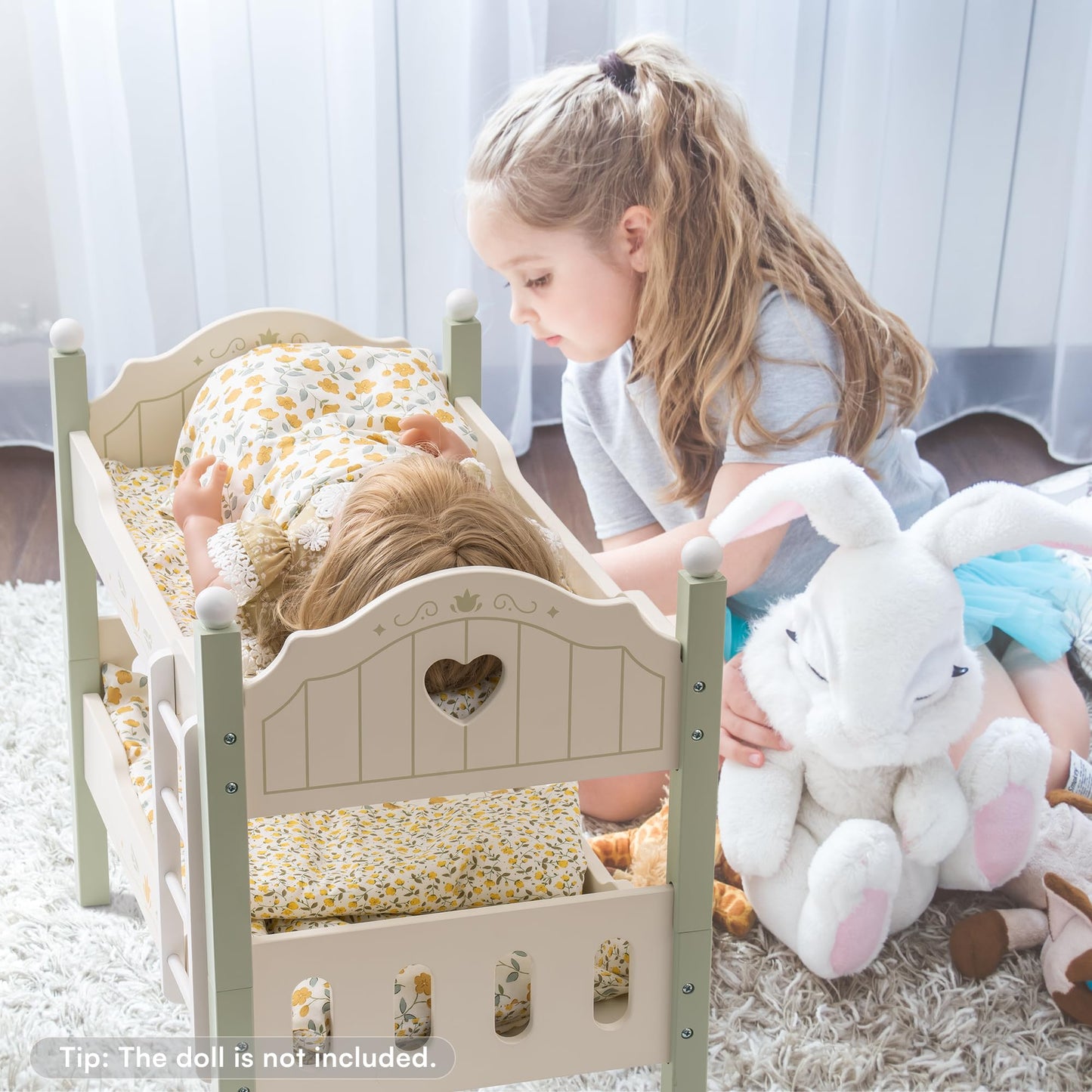 ROBOTIME Baby Doll Bunk Bed – 18-Inch Doll Furniture Set for American Girl Dolls, Green, 2-Piece Wooden Beds