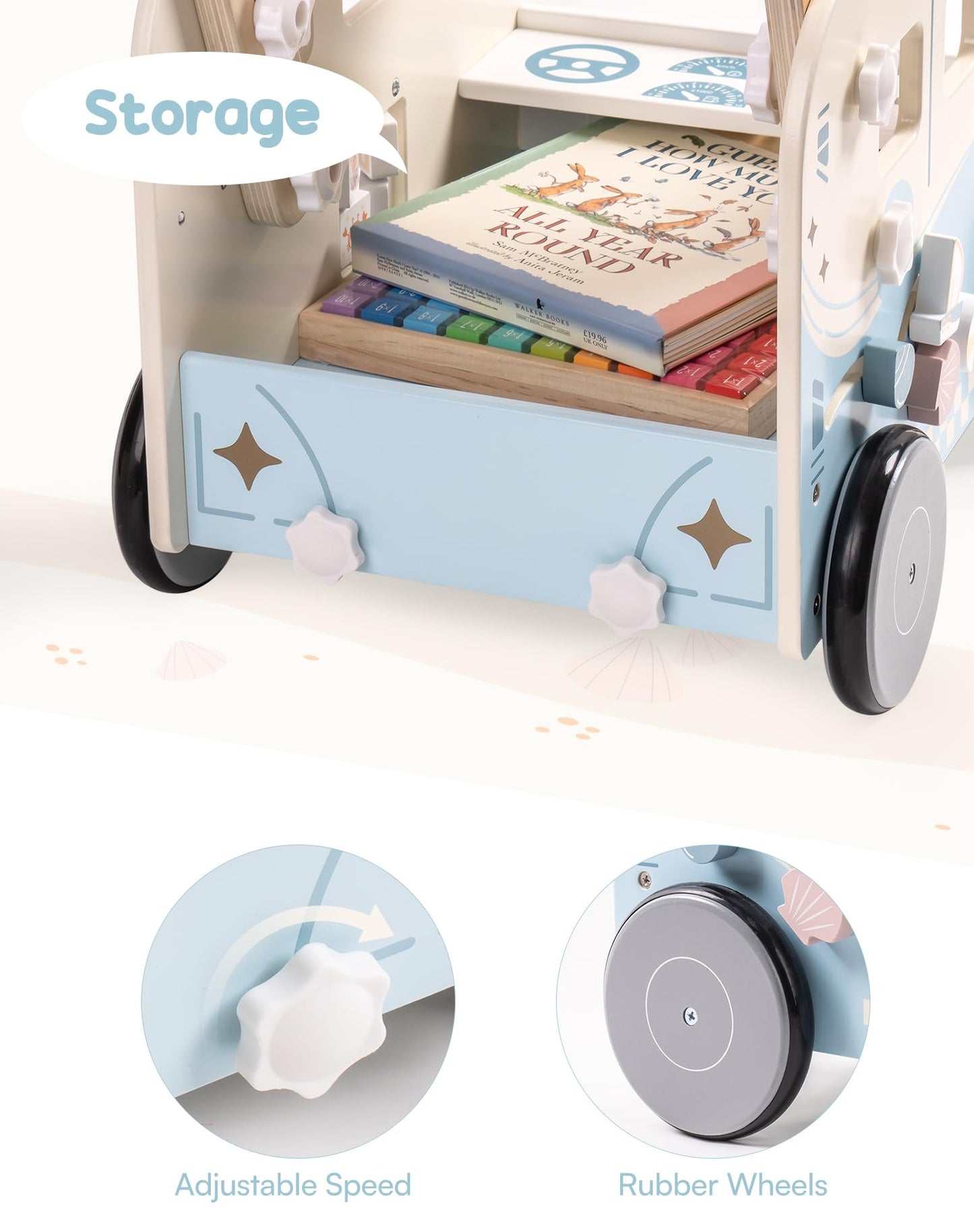 ROBOTIME Wooden Baby Walker – Vacation Bus Push Walker with Adjustable Speed & Multi-Function Play