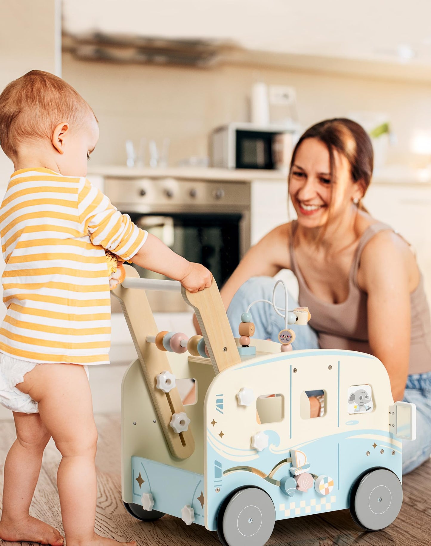 ROBOTIME Wooden Baby Walker – Vacation Bus Push Walker with Adjustable Speed & Multi-Function Play