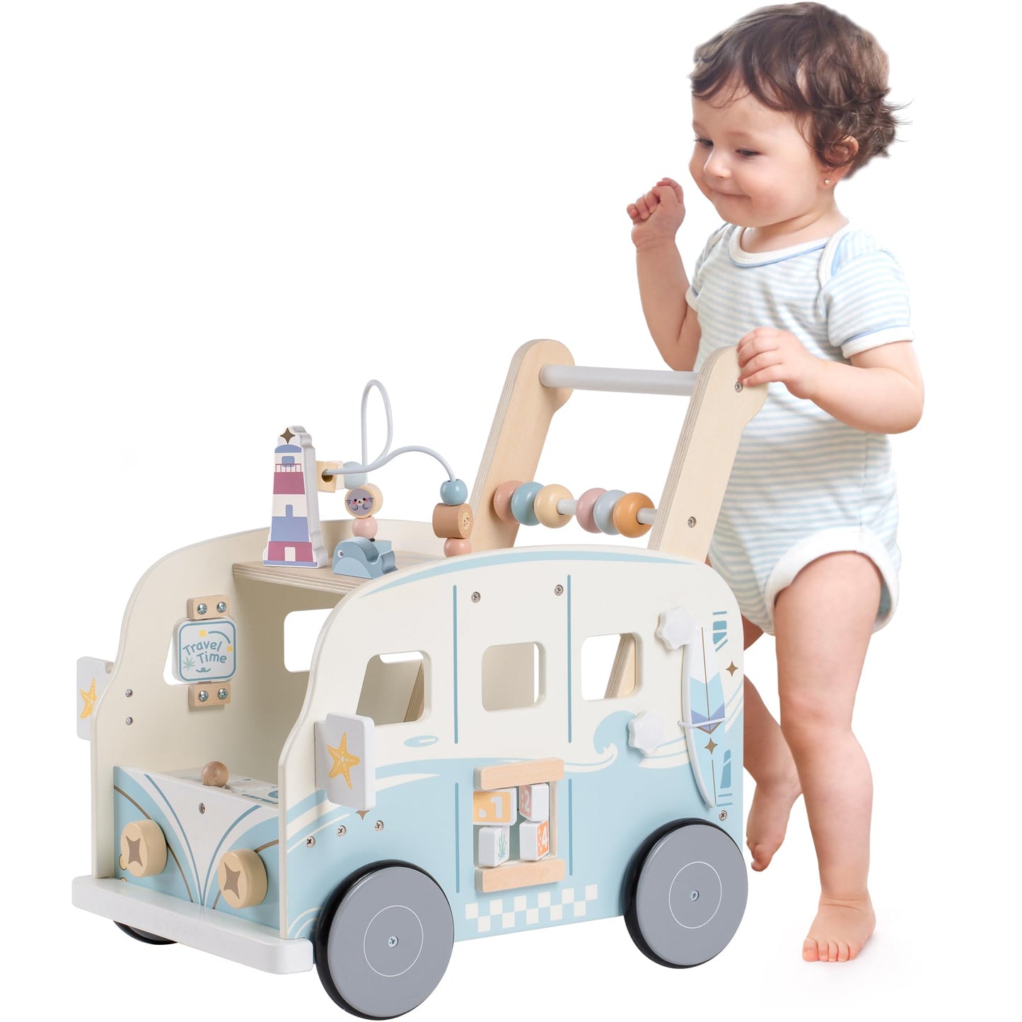 ROBOTIME Wooden Baby Walker – Vacation Bus Push Walker with Adjustable Speed & Multi-Function Play