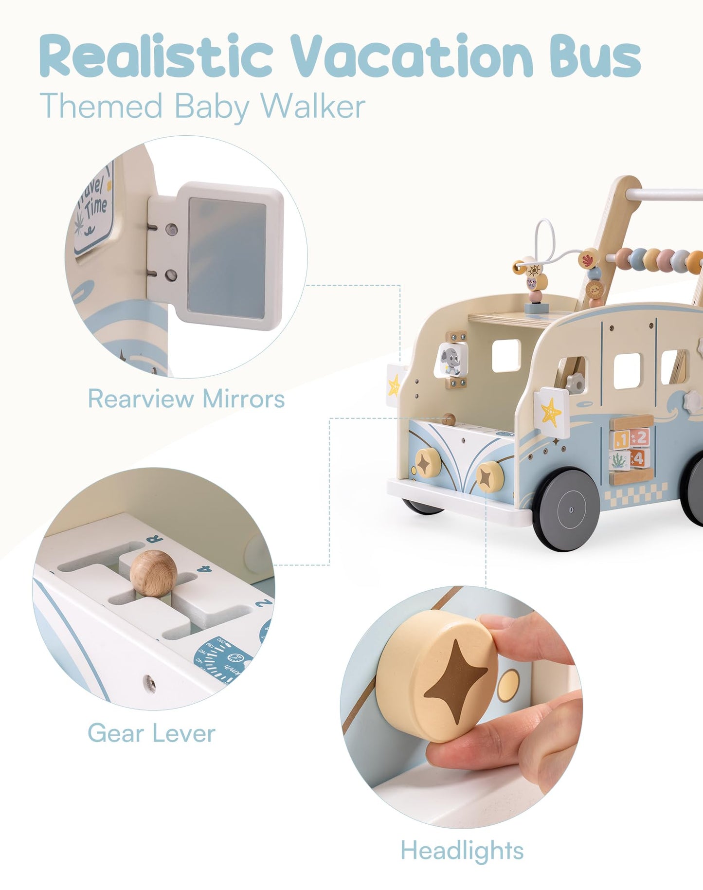 ROBOTIME Wooden Baby Walker – Vacation Bus Push Walker with Adjustable Speed & Multi-Function Play