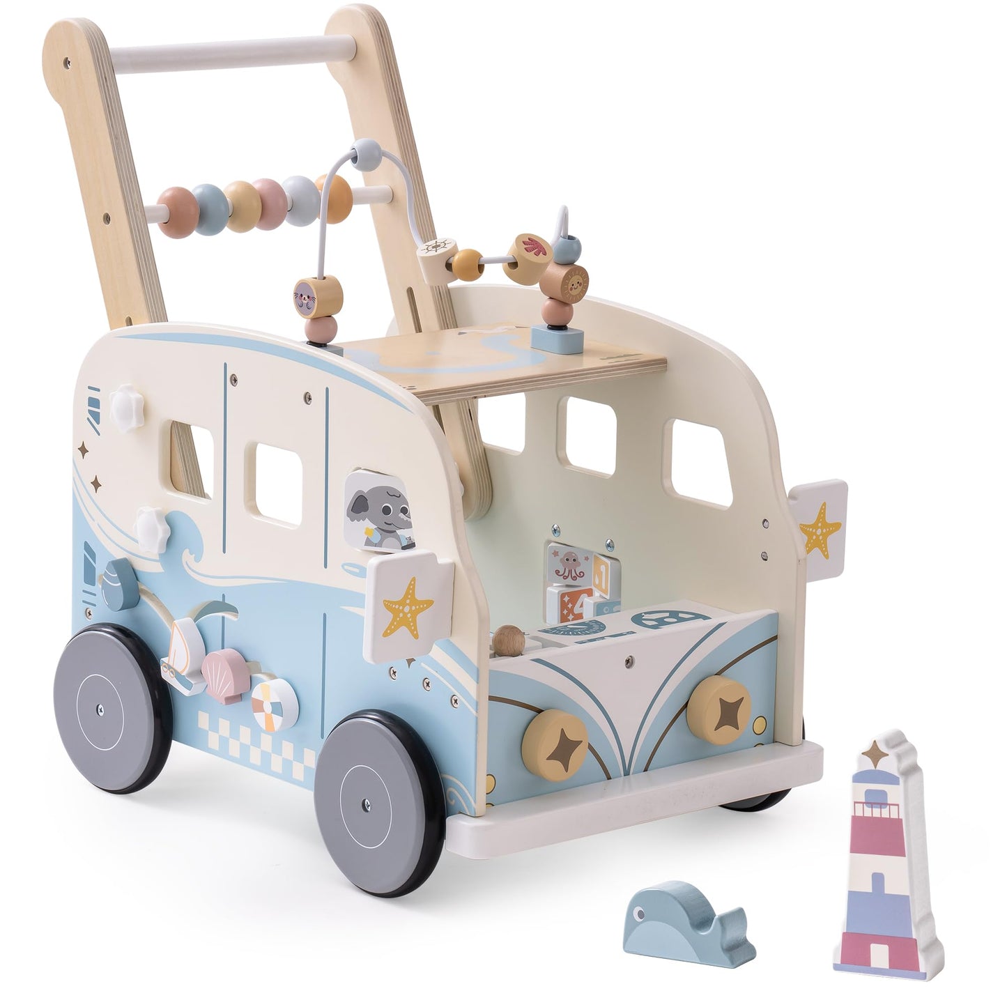 ROBOTIME Wooden Baby Walker – Vacation Bus Push Walker with Adjustable Speed & Multi-Function Play