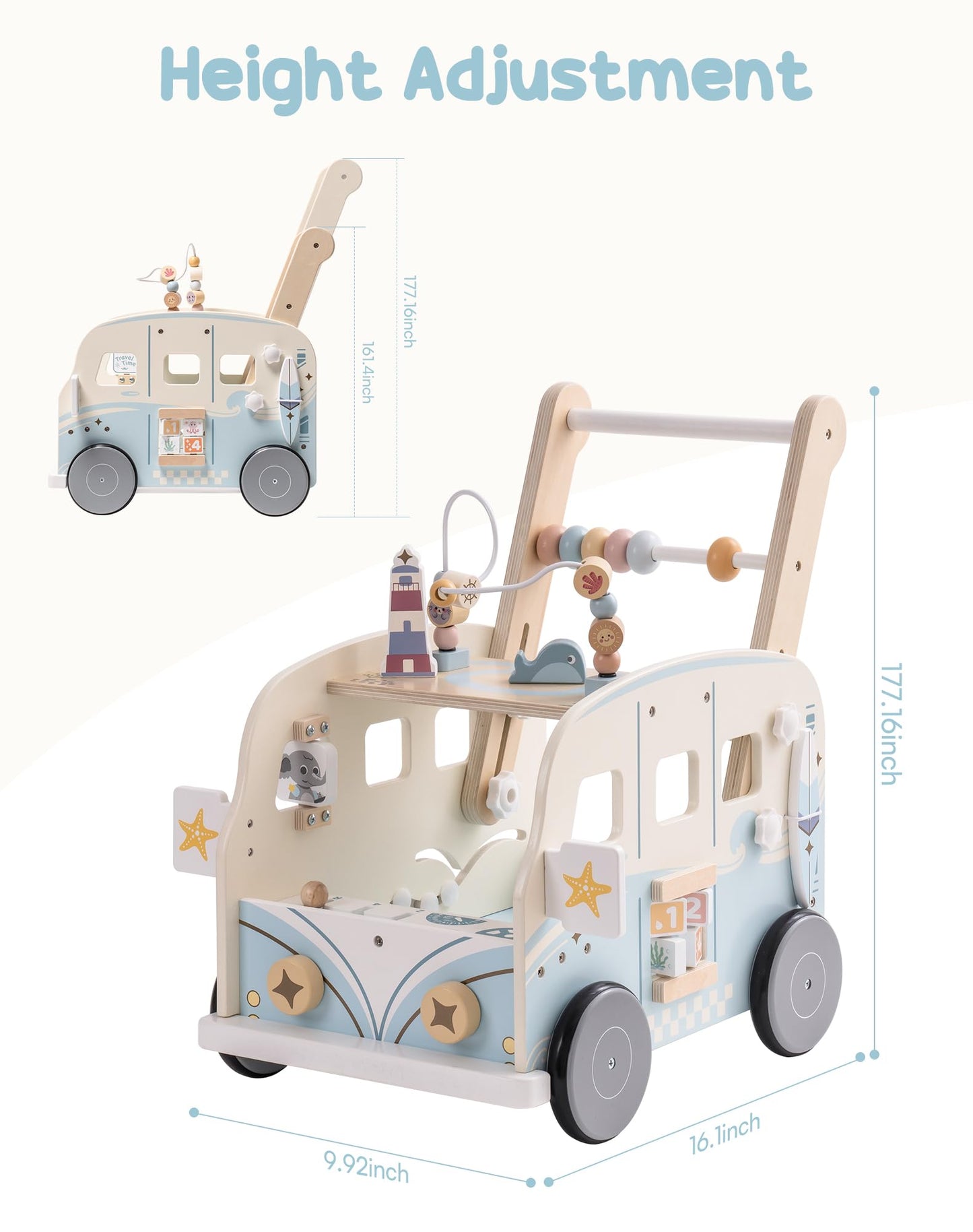 ROBOTIME Wooden Baby Walker – Vacation Bus Push Walker with Adjustable Speed & Multi-Function Play