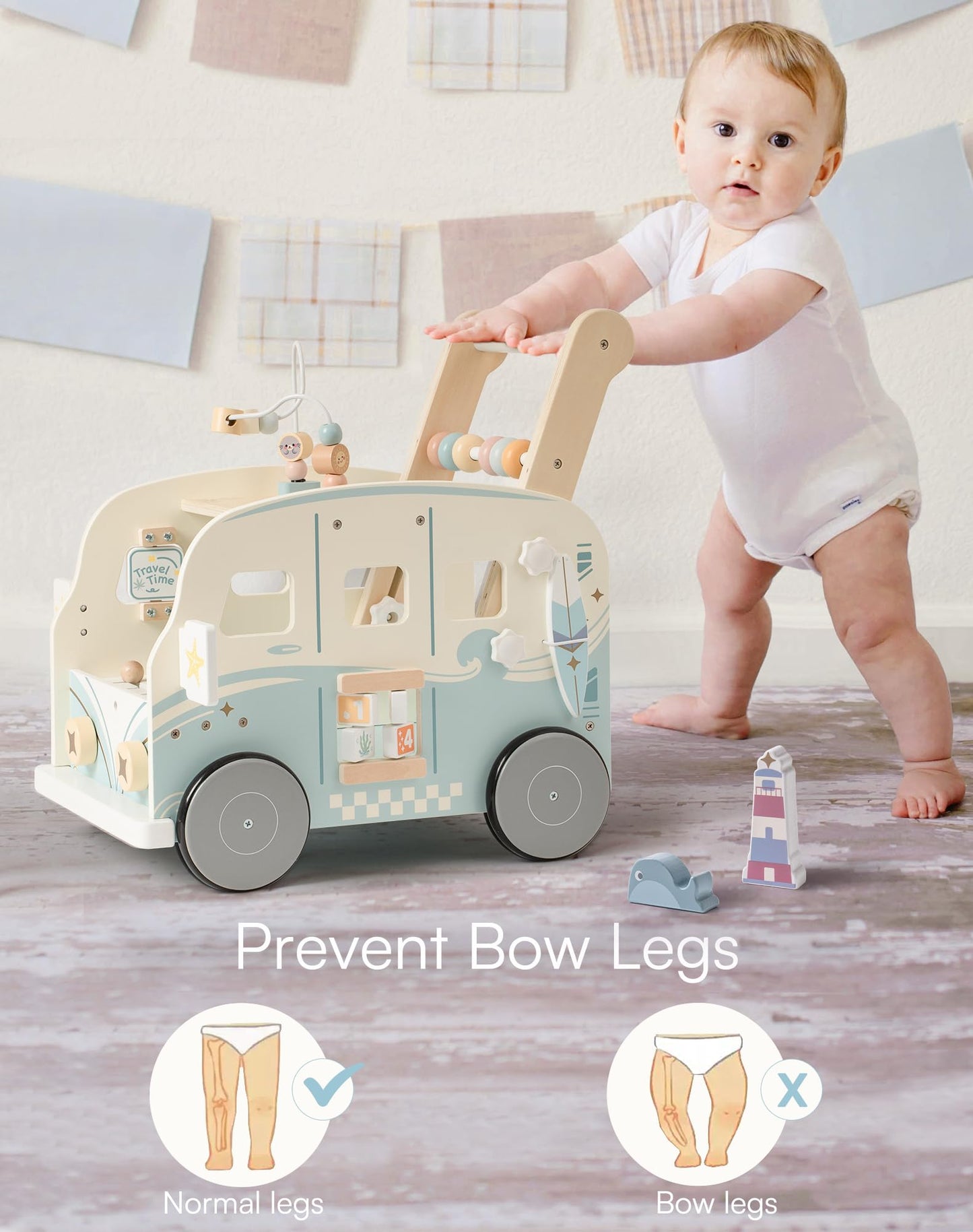 ROBOTIME Wooden Baby Walker – Vacation Bus Push Walker with Adjustable Speed & Multi-Function Play