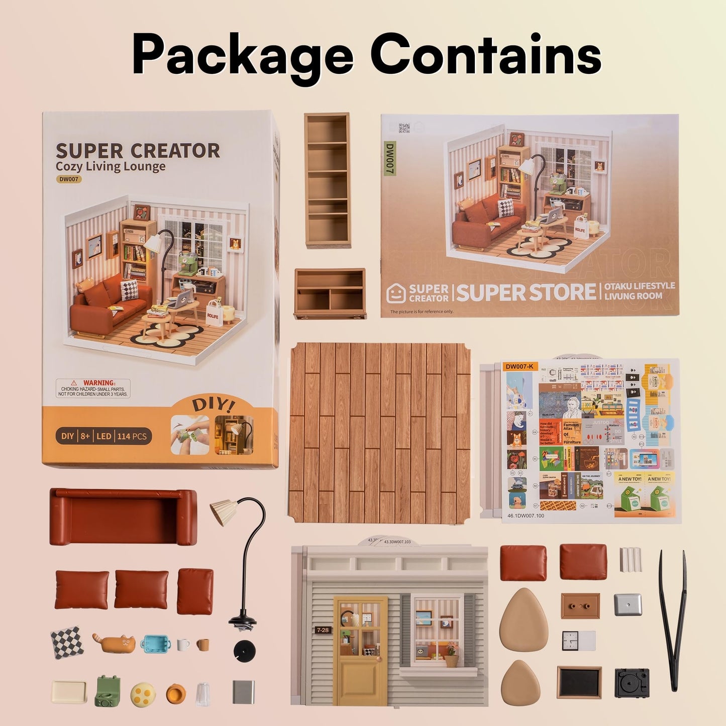 ROBOTIME DIY Miniature House Kit – Cozy Living Lounge with Accessories & LED Light