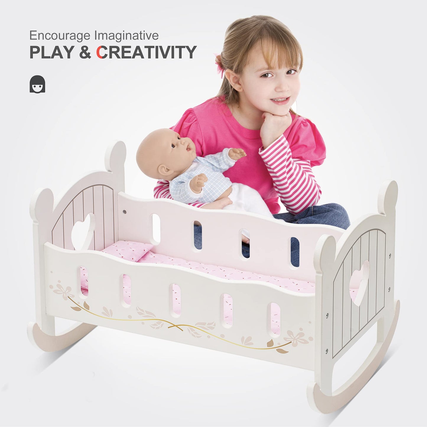 ROBOTIME Wooden Play Doll Cradle Rocking Crib – White, Fits Dolls Up to 20 Inches
