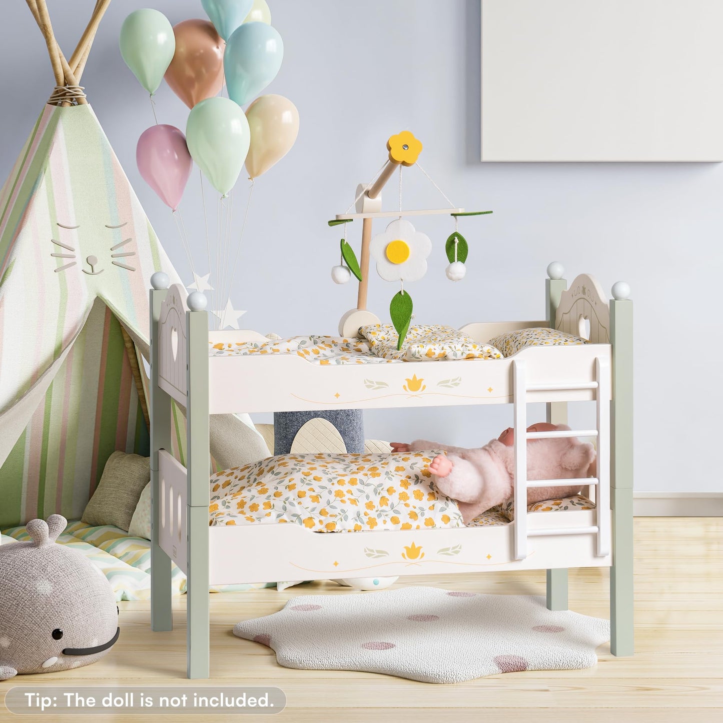 ROBOTIME Baby Doll Bunk Bed – 18-Inch Doll Furniture Set for American Girl Dolls, Green, 2-Piece Wooden Beds