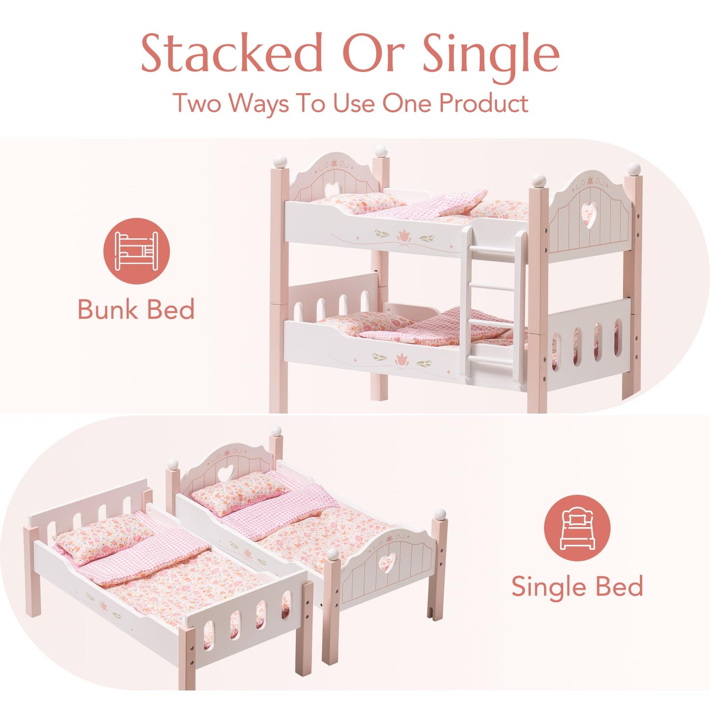 ROBOTIME Baby Doll Bunk Beds — 2-in-1 Pink Wooden Bed Set for 20-Inch Dolls (Ages 3+)