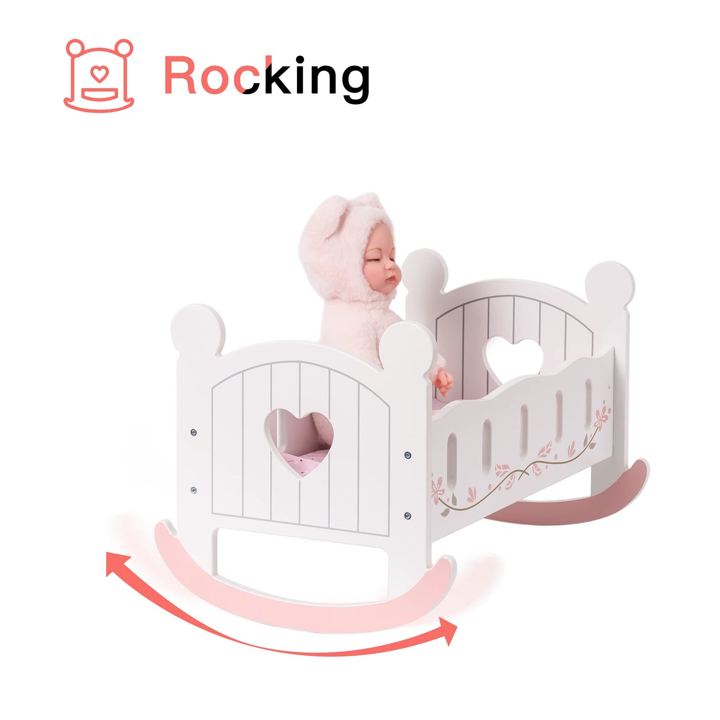 ROBOTIME Wooden Play Doll Cradle Rocking Crib – White, Fits Dolls Up to 20 Inches