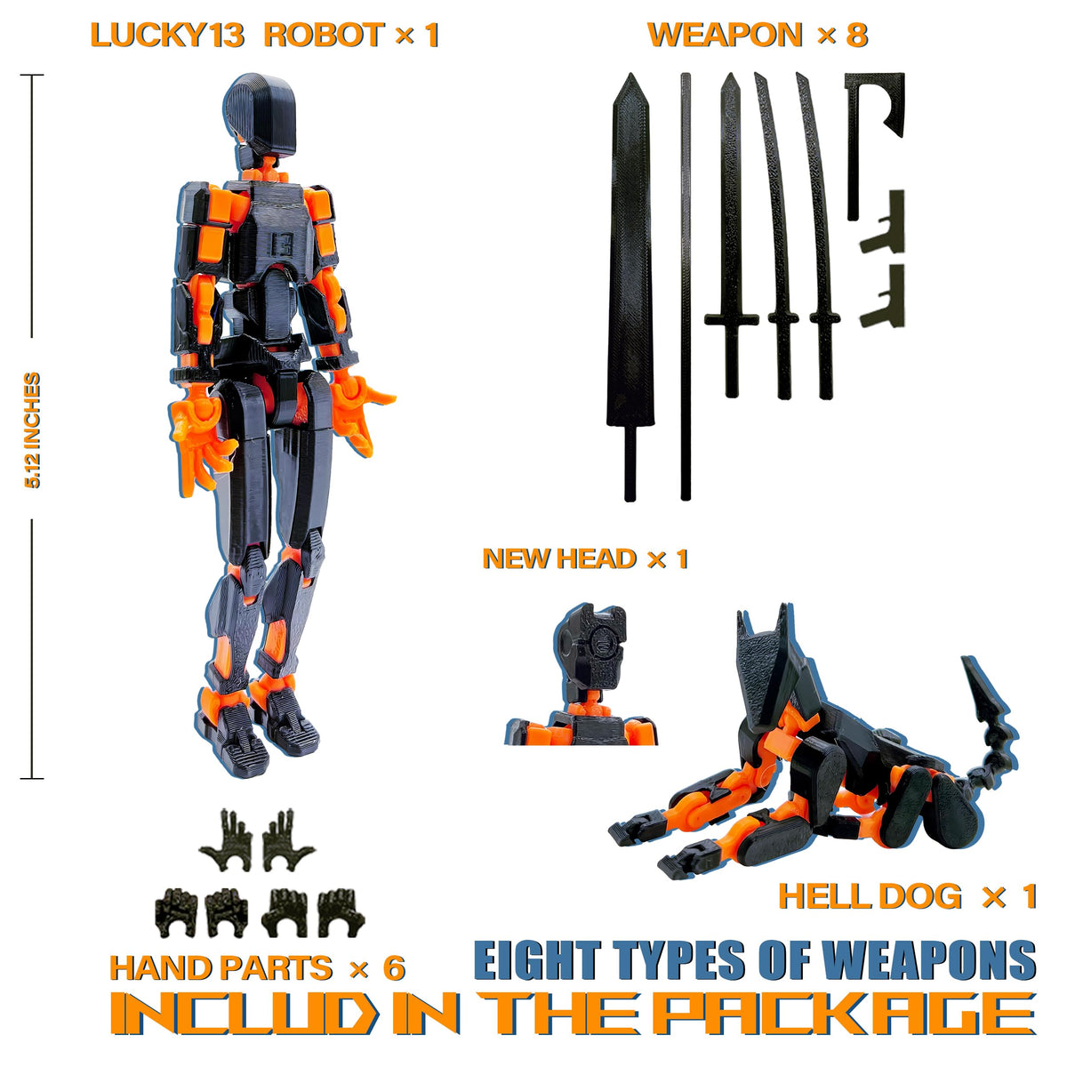 ROBTDUUMY T13 3D Action Figure Set – Assembled Titan 13, Multi-Jointed, Black/Orange