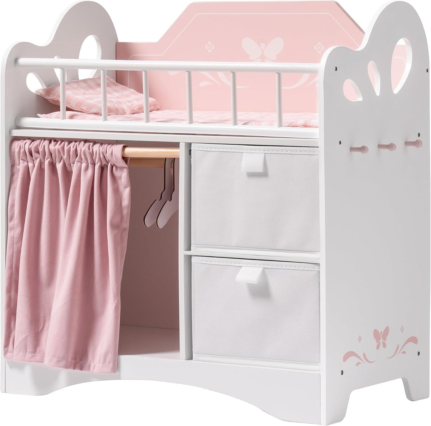 ROBUD Baby Doll Crib – Wooden Doll Bed with Storage & Bedding for Dolls Under 22 Inches (Pink)